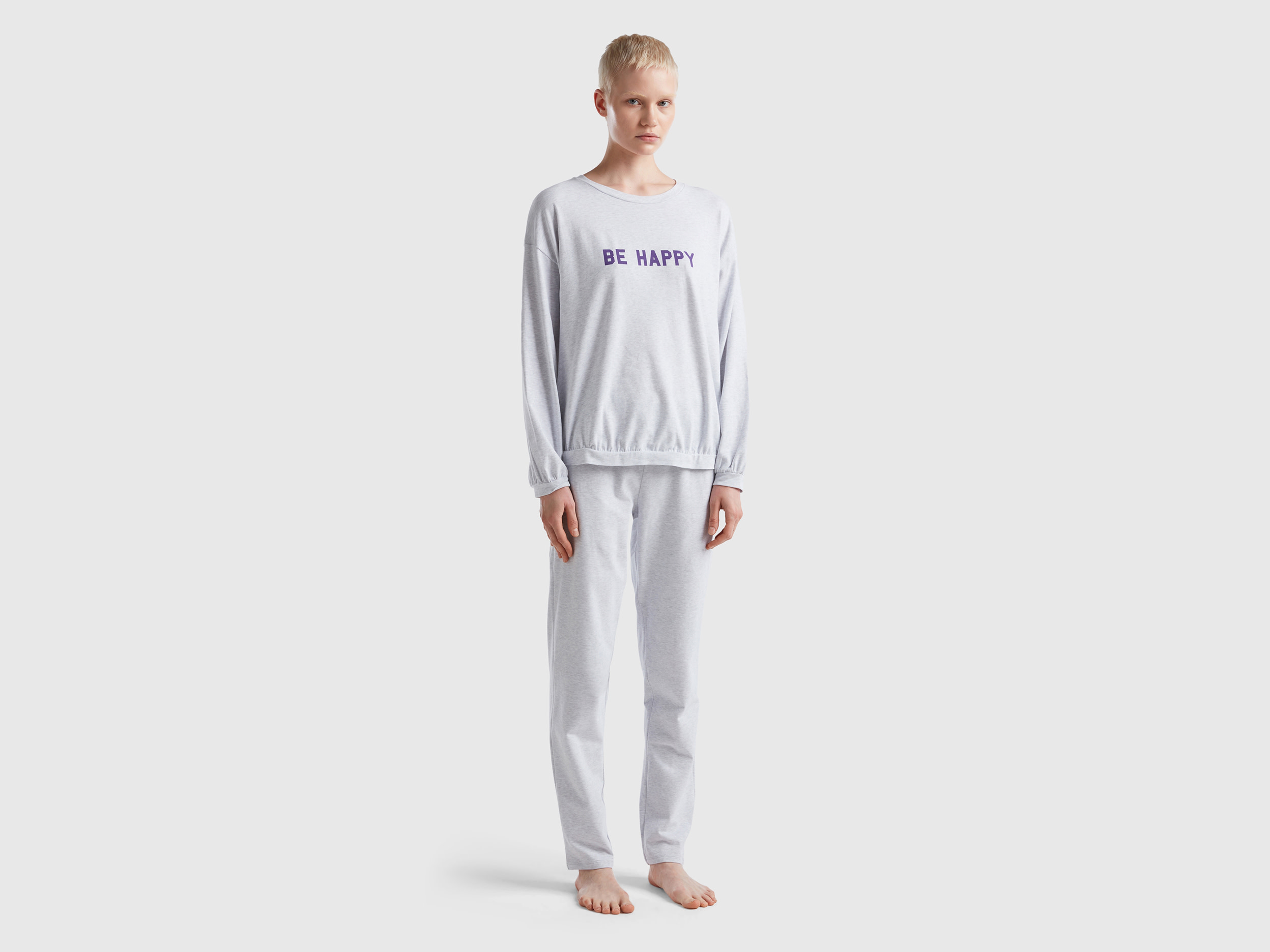 Benetton, Long Pyjamas In Warm Jersey, size M, Light Gray, Women