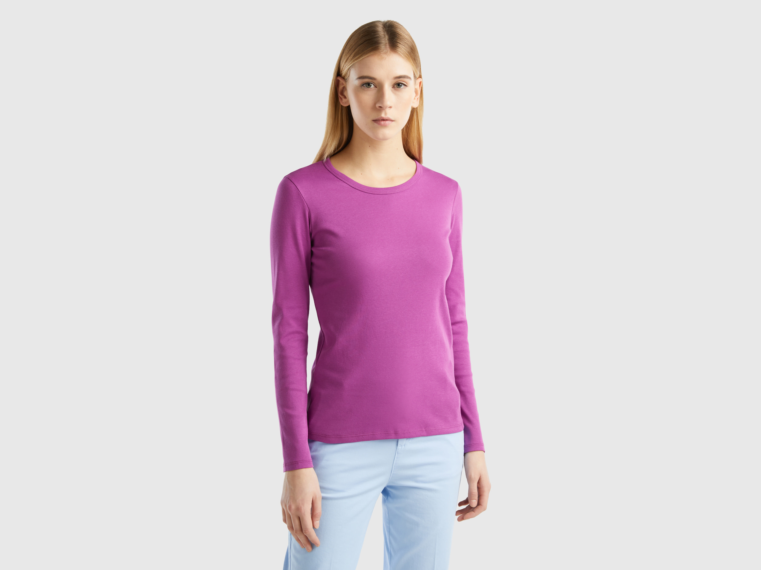 Benetton, Long Sleeve Pure Cotton T-shirt, size M, Violet, Women
