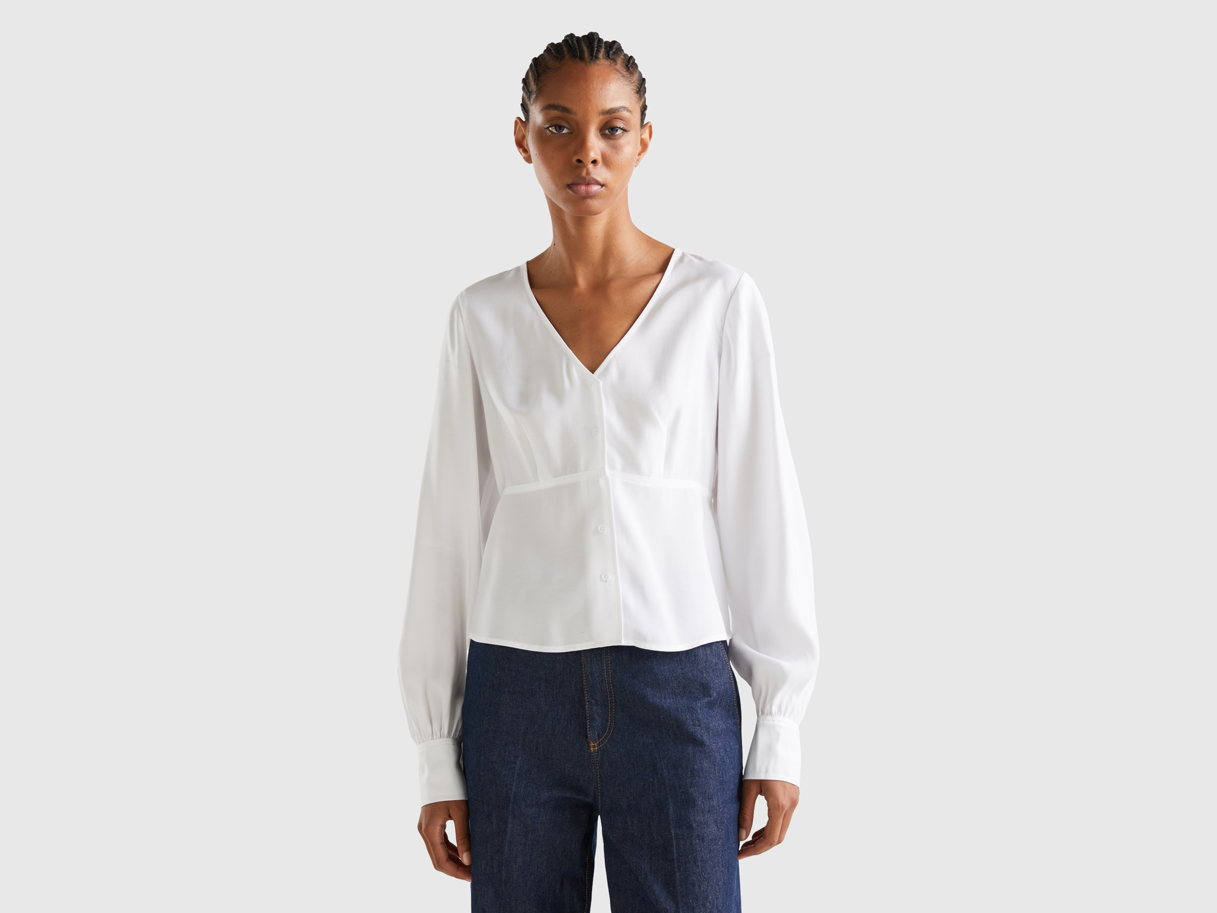 Benetton, V-neck Shirt In 100% Cotton, size S, White, Women