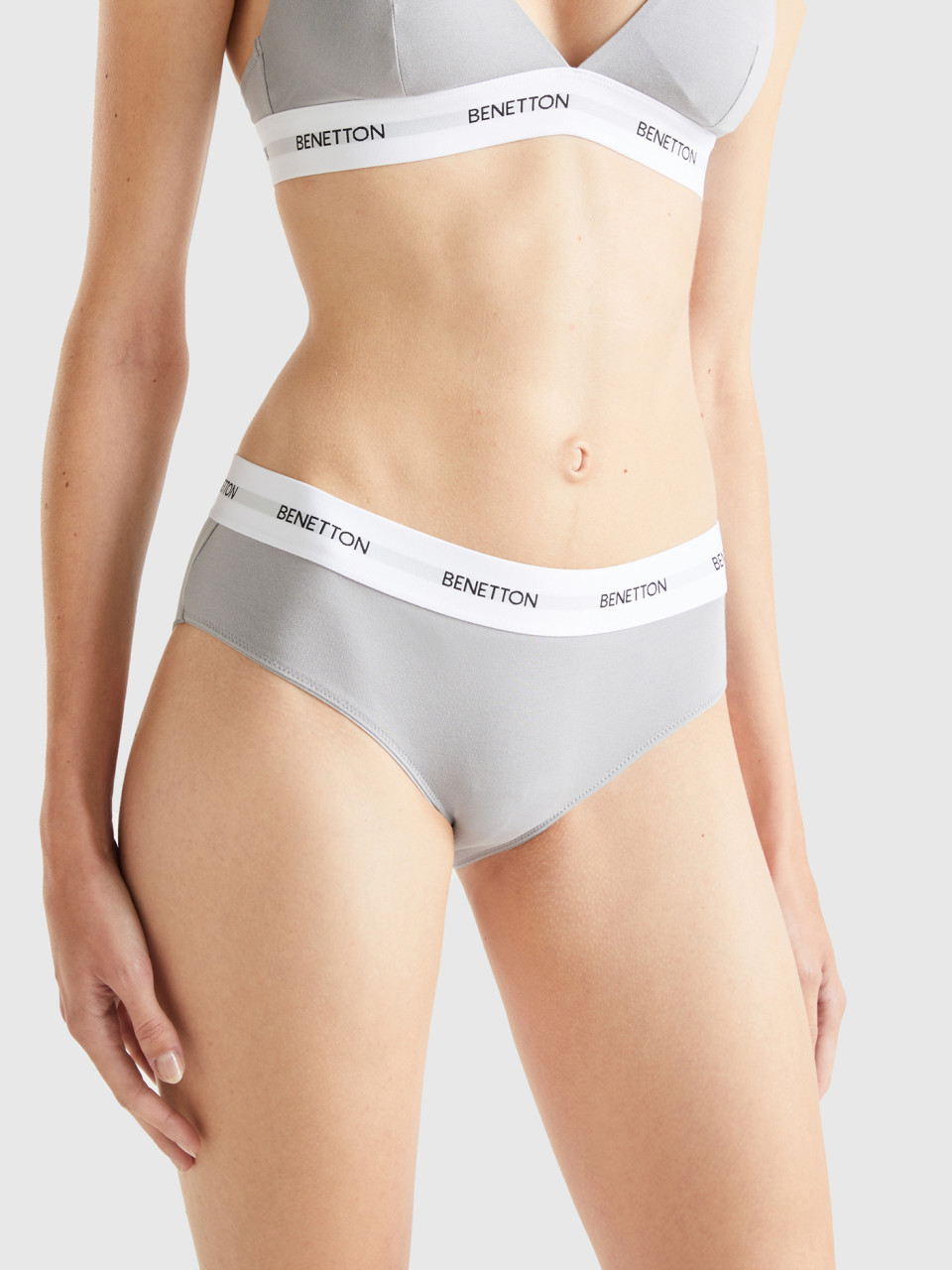 Benetton, High-rise Underwear In Organic Cotton, Light Gray, Women