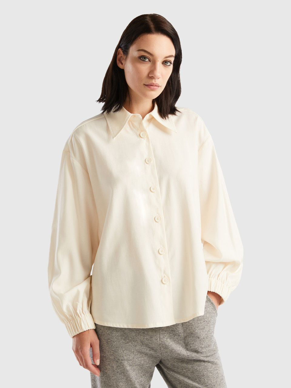 Benetton, Viscose And Linen Shirt, Creamy White, Women
