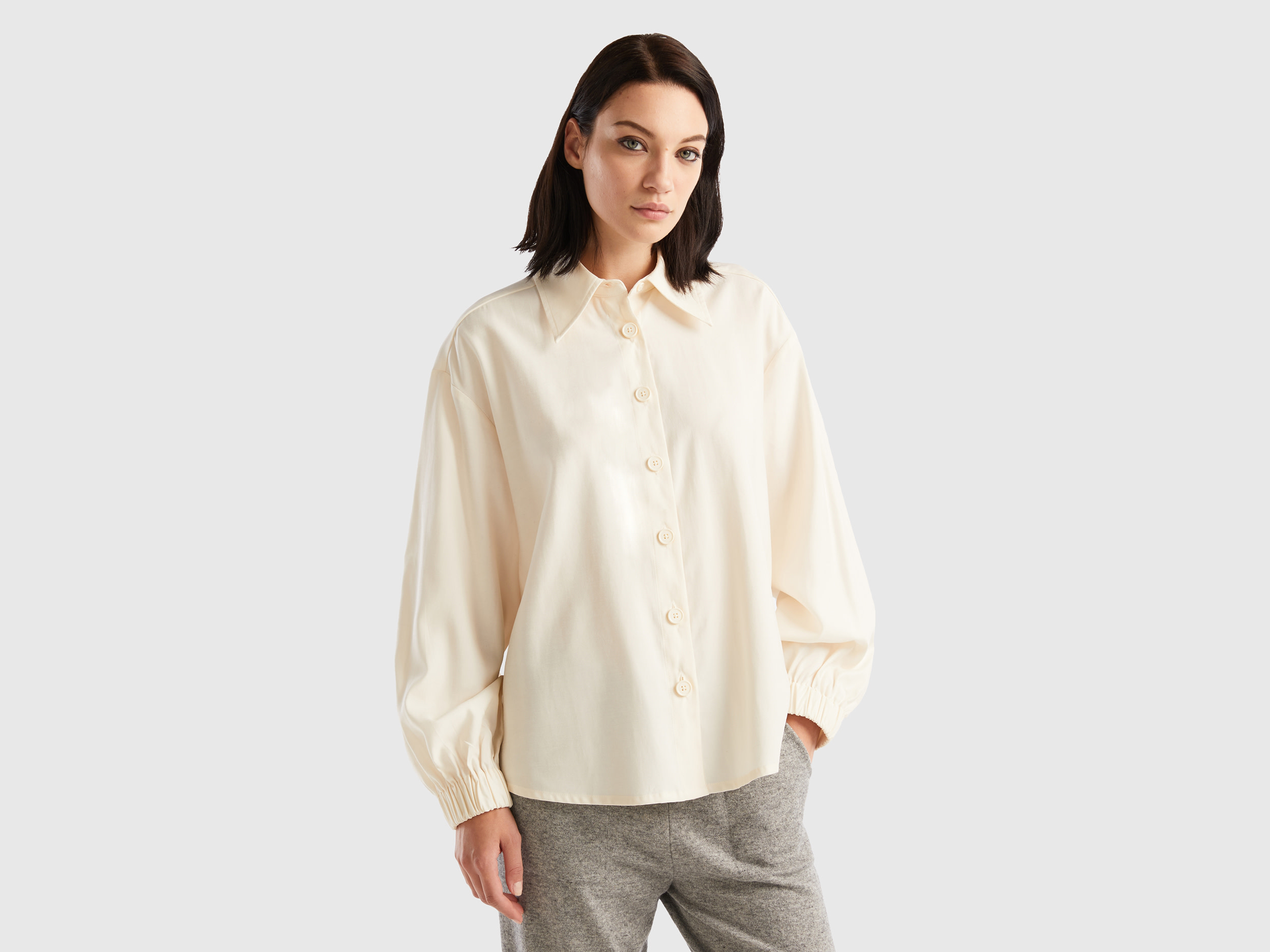 Benetton, Viscose And Linen Shirt, size S, Creamy White, Women