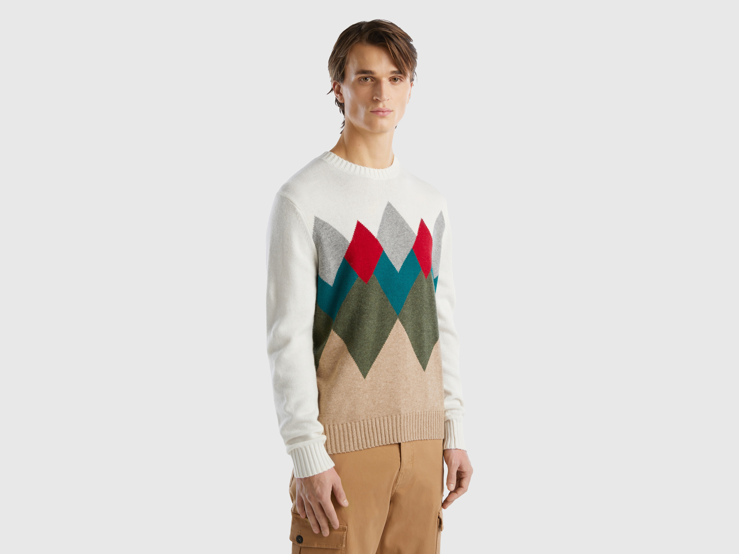 Benetton, Sweater With Geometric Pattern, size L, White, Men