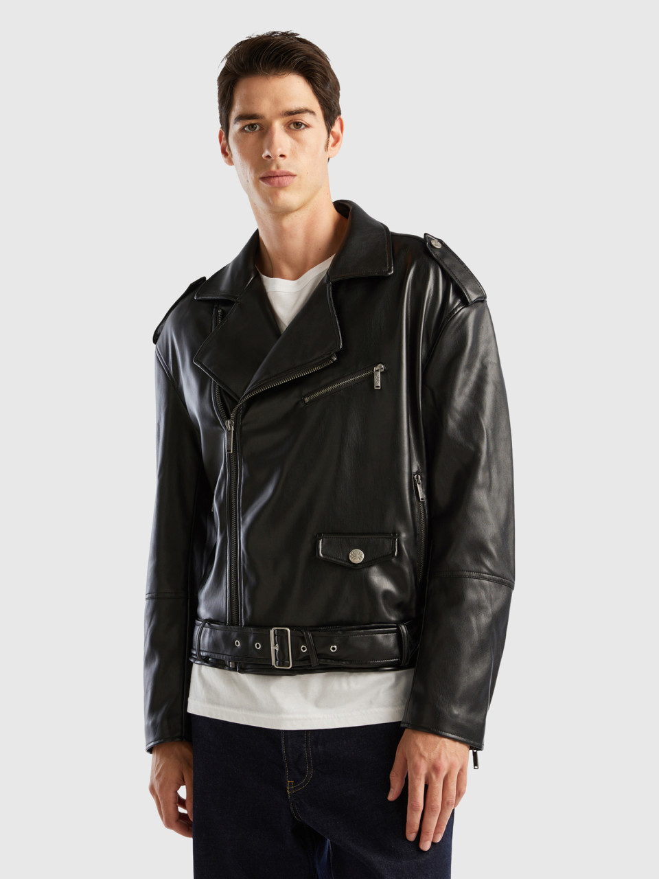 Benetton, Biker Jacket In Imitation Leather, Black, Men