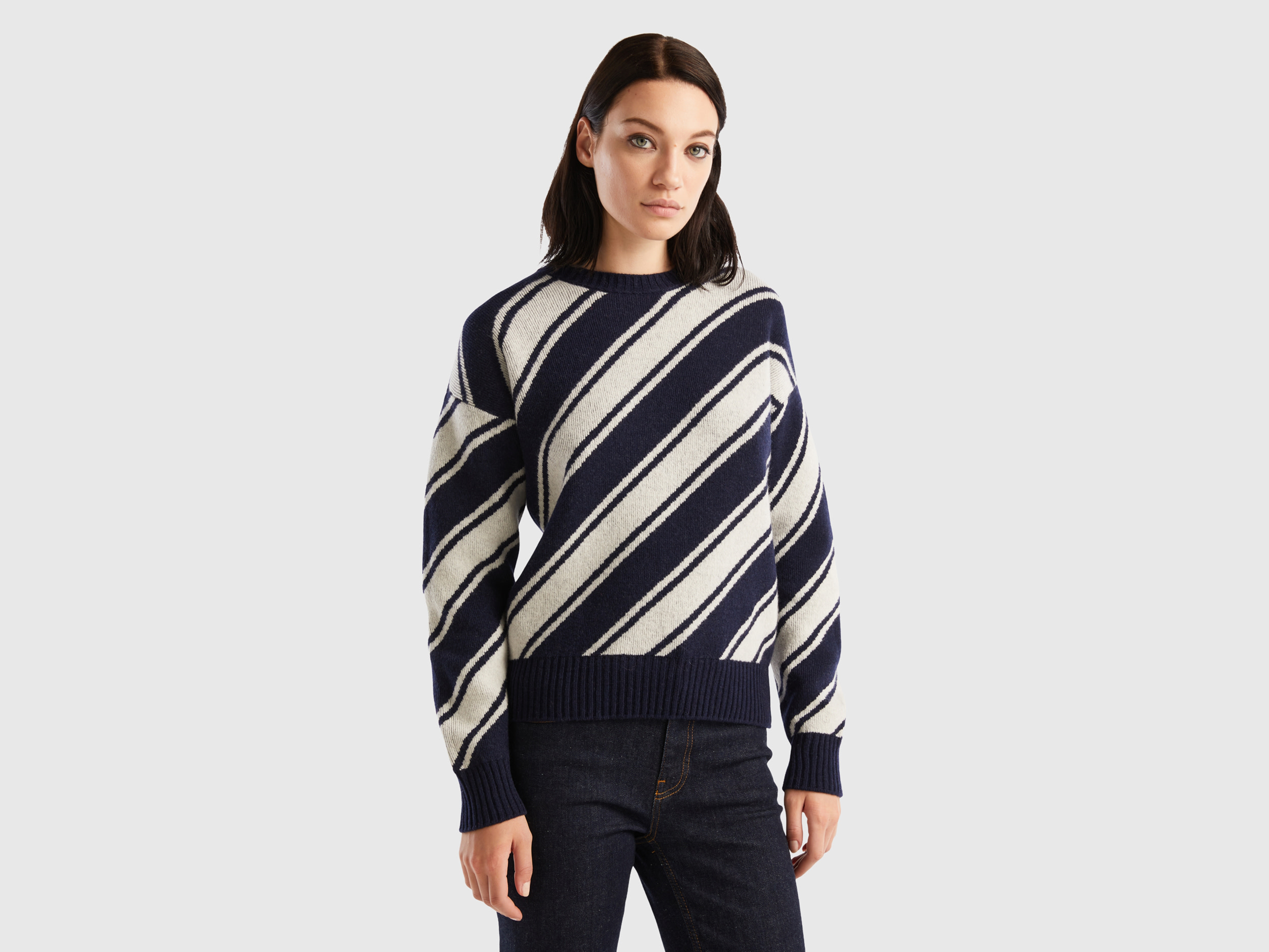 Benetton, Regimental Striped Sweatshirt, size L, Dark Blue, Women
