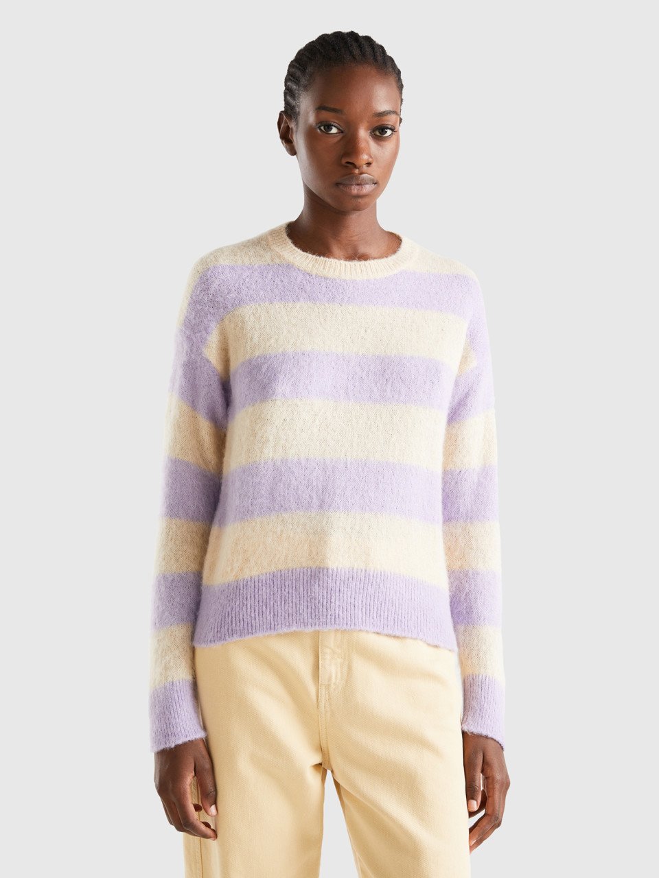 Benetton, Striped Sweater In Alpaca Blend, Lilac, Women