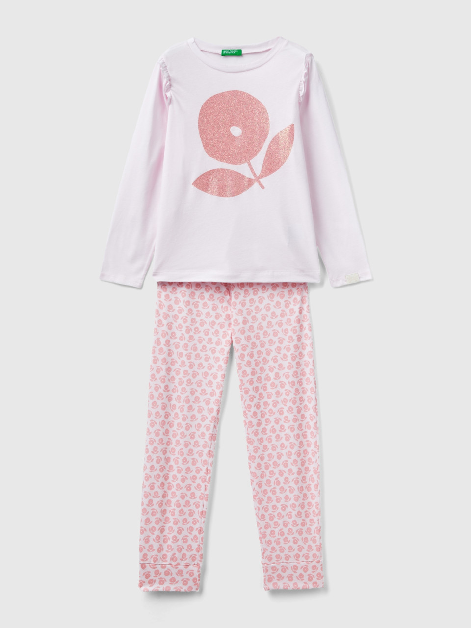 Benetton, Pyjamas With Flowers And Glitter, Soft Pink, Kids