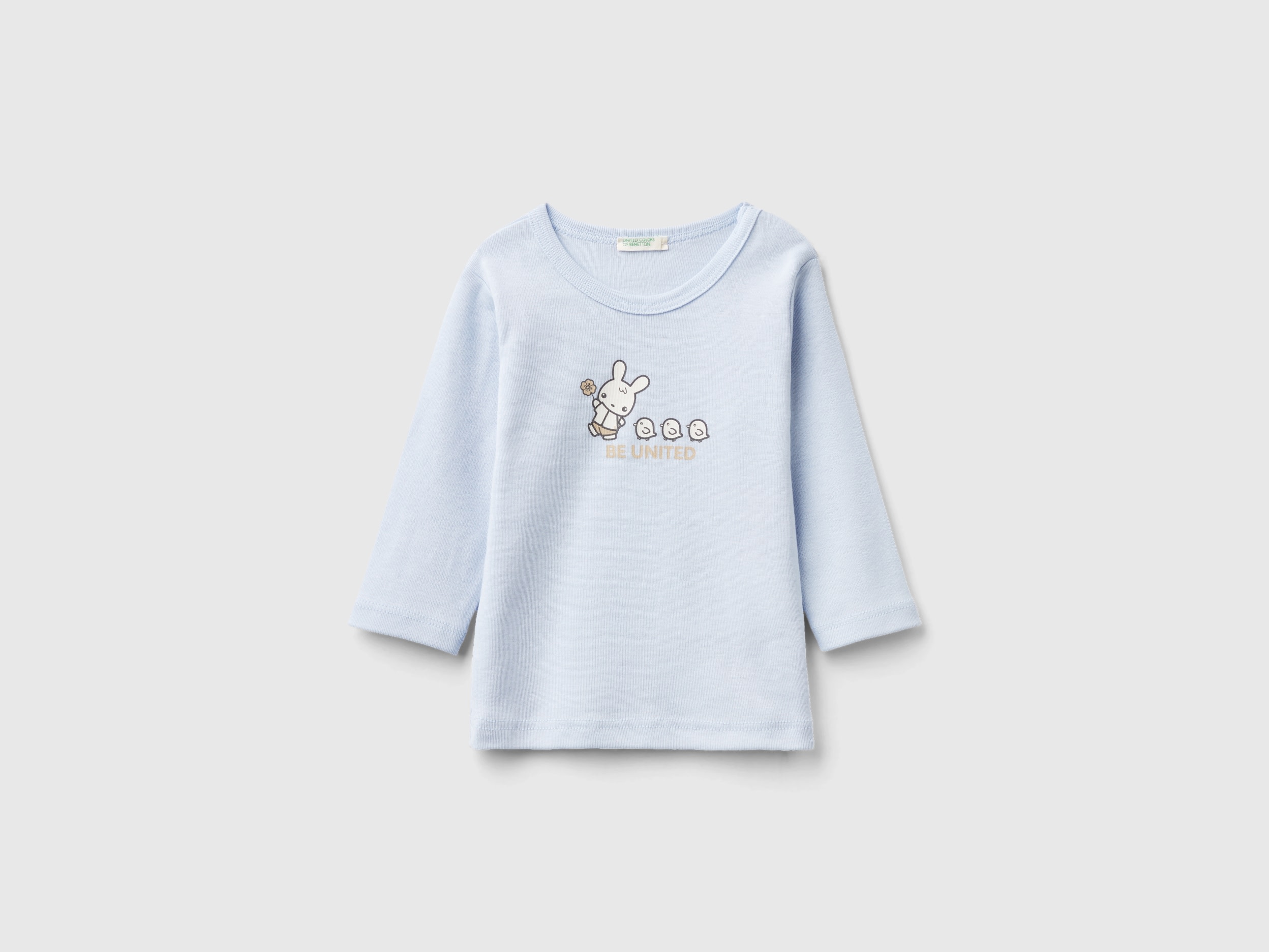 Benetton, Long Sleeve 100% Organic Cotton T-shirt, size 6-9, Sky Blue, Kids
