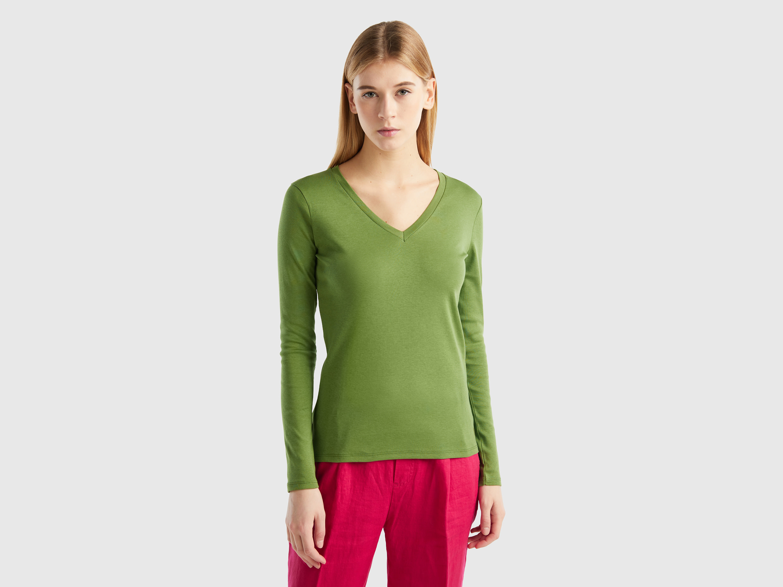 Benetton, Long Sleeve T-shirt With V-neck, size L, Military Green, Women