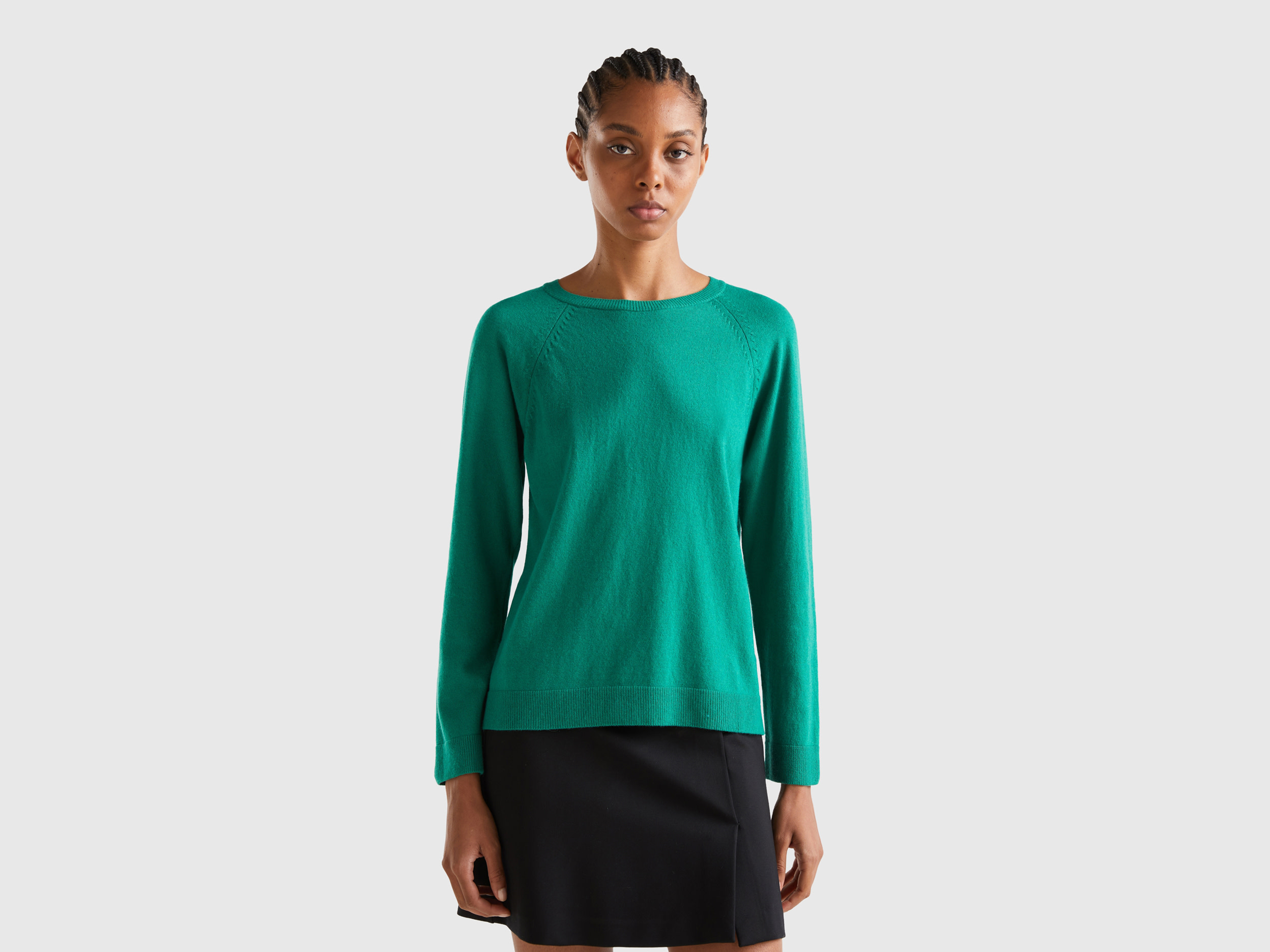 Benetton, Forest Green Crew Neck Sweater In Cashmere And Wool Blend, size XL, Green, Women