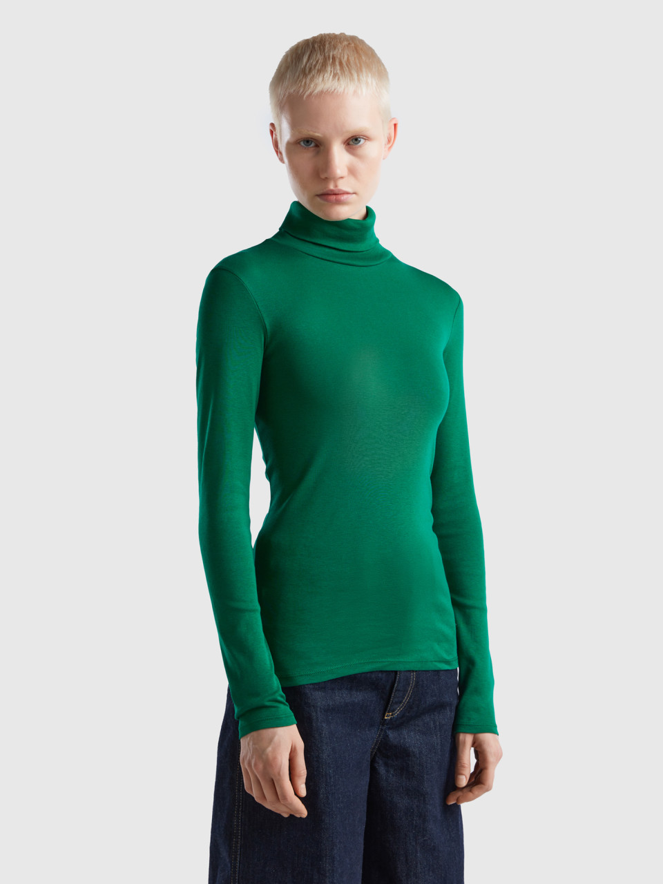 Benetton, T-shirt Mit Langen Ärmeln Und Hohem Kragen, Grün, female