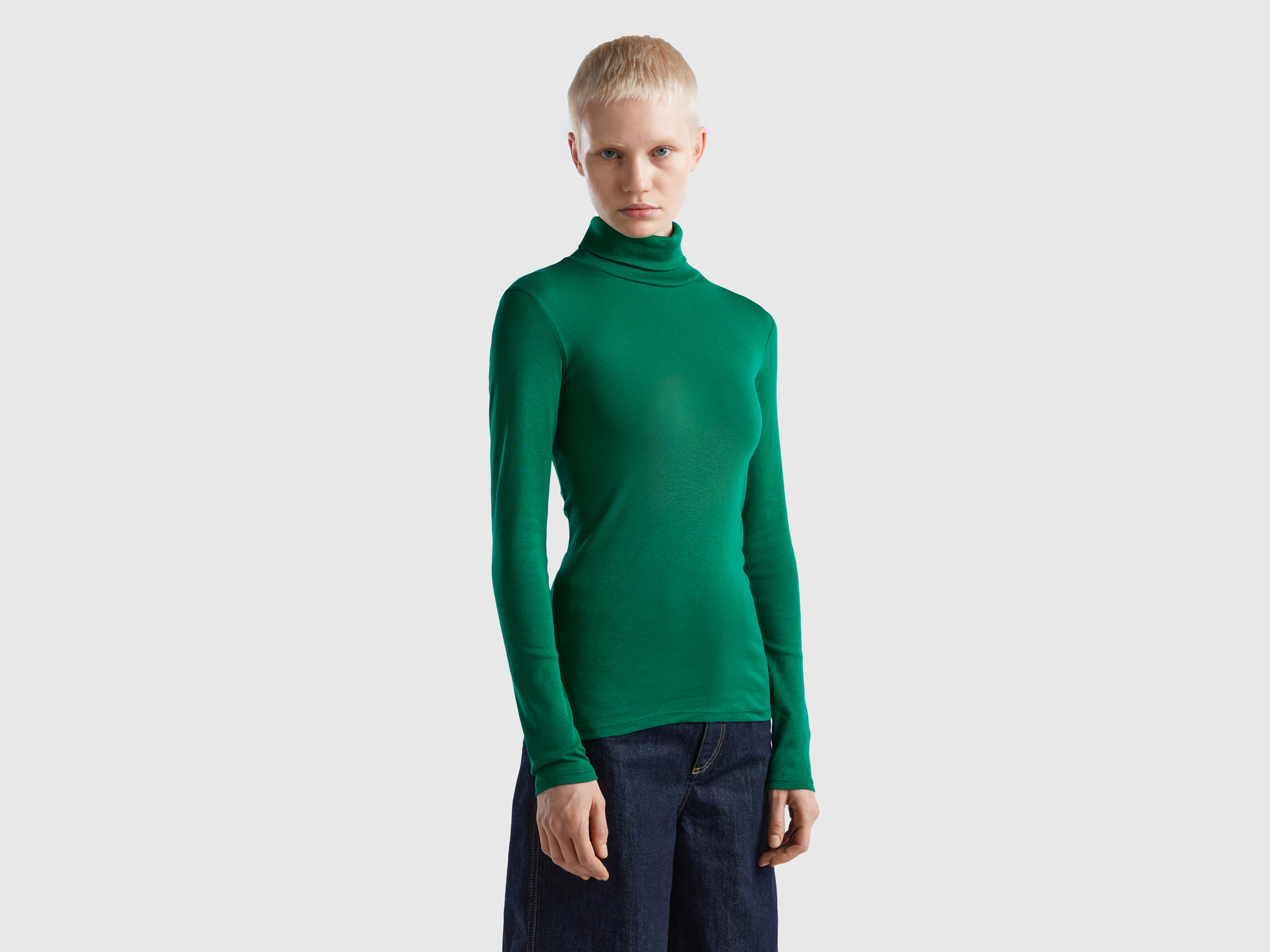 Benetton, Long Sleeve T-shirt With High Neck, size XS, Green, Women