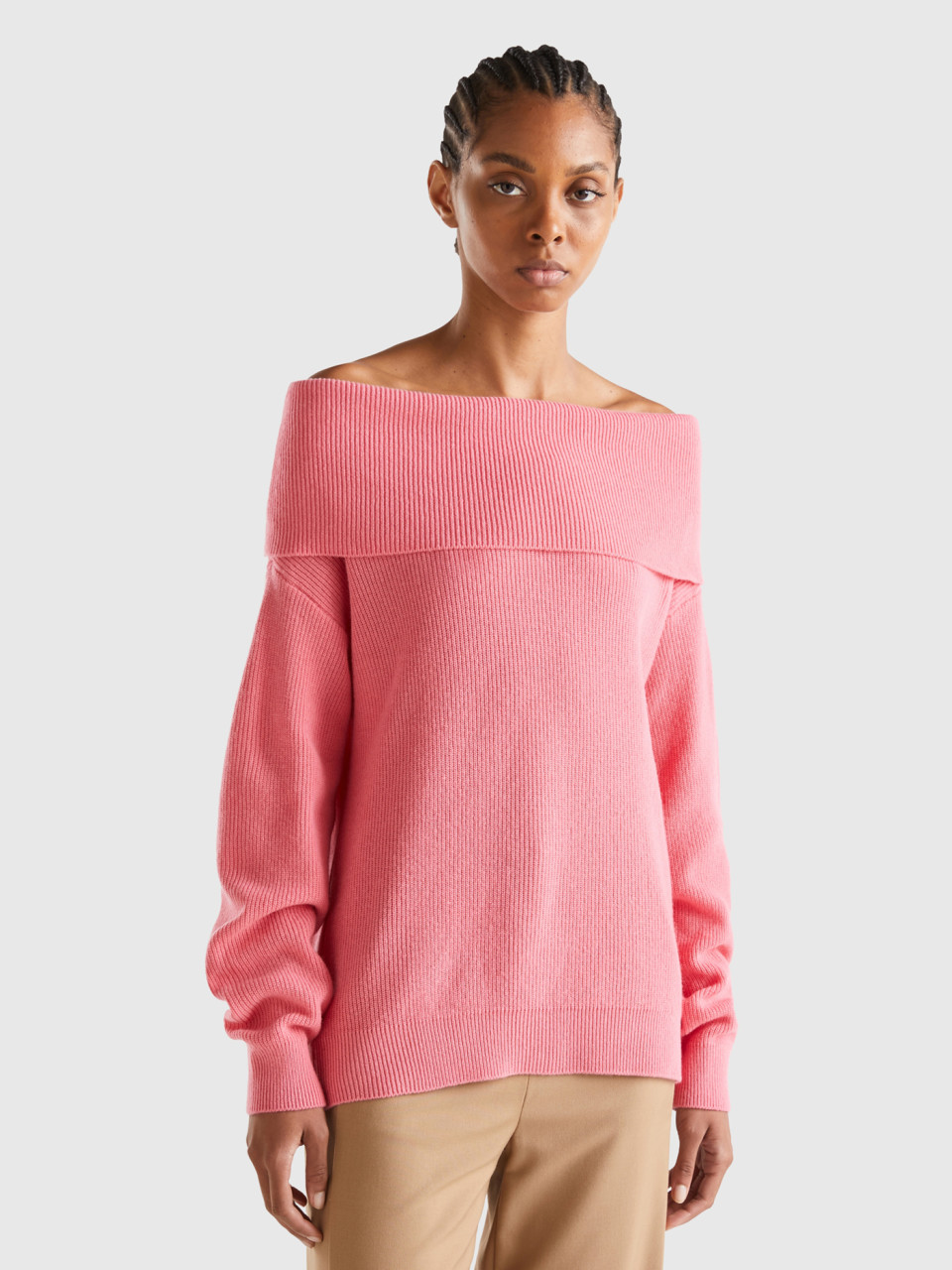 Benetton, Sweater With Bare Shoulders, Salmon, Women