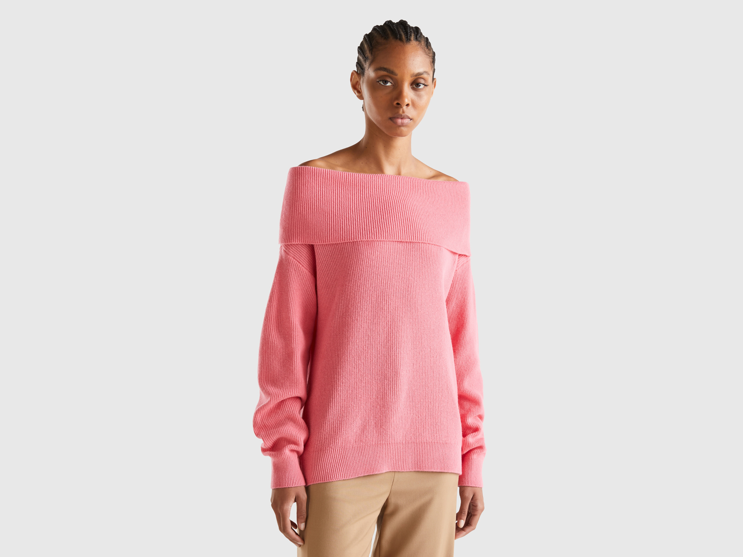 Benetton, Sweater With Bare Shoulders, size L-XL, Salmon, Women