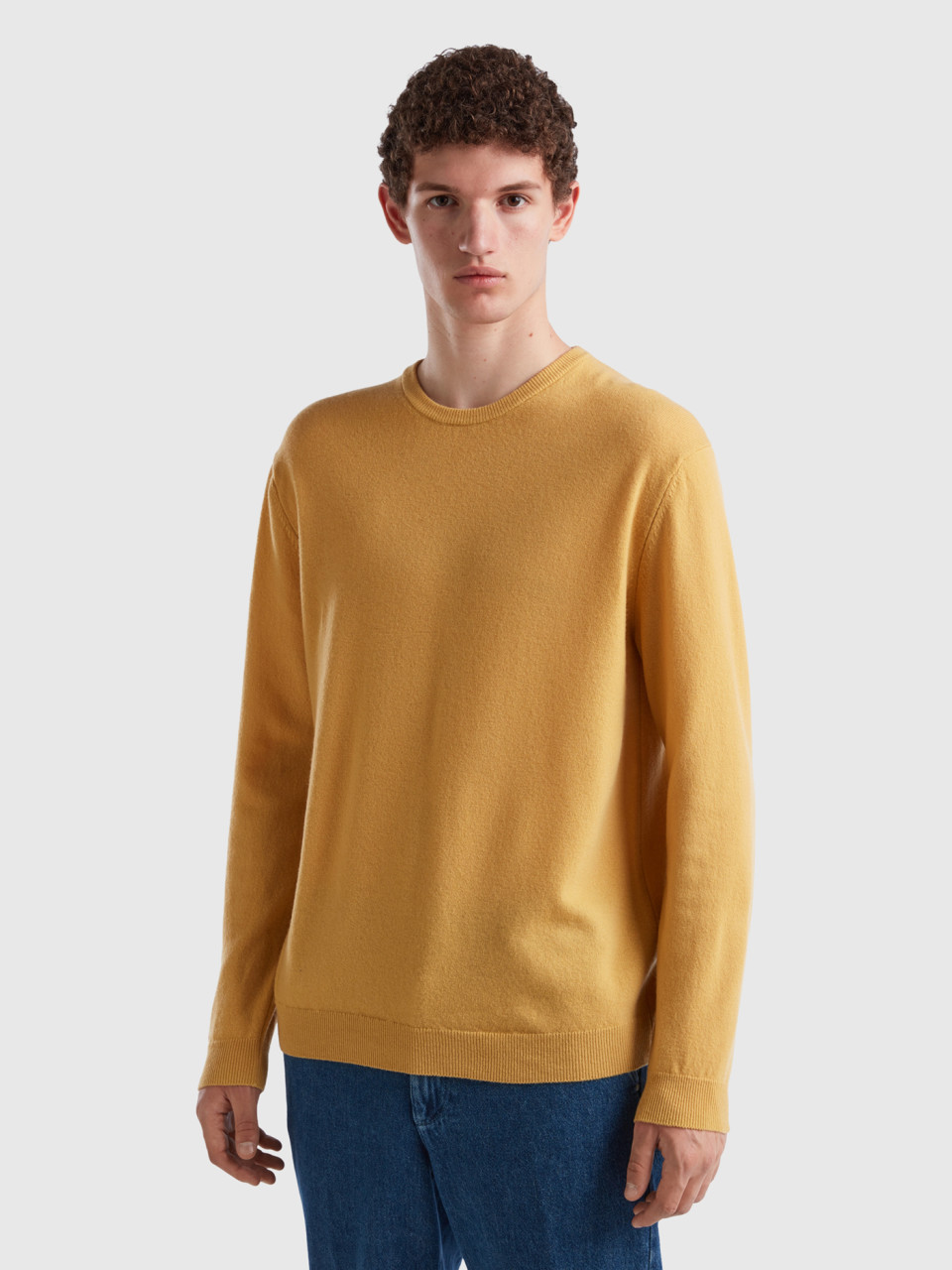 Benetton, Ocher Yellow Crew Neck Sweater In Pure Merino Wool, Mustard, Men