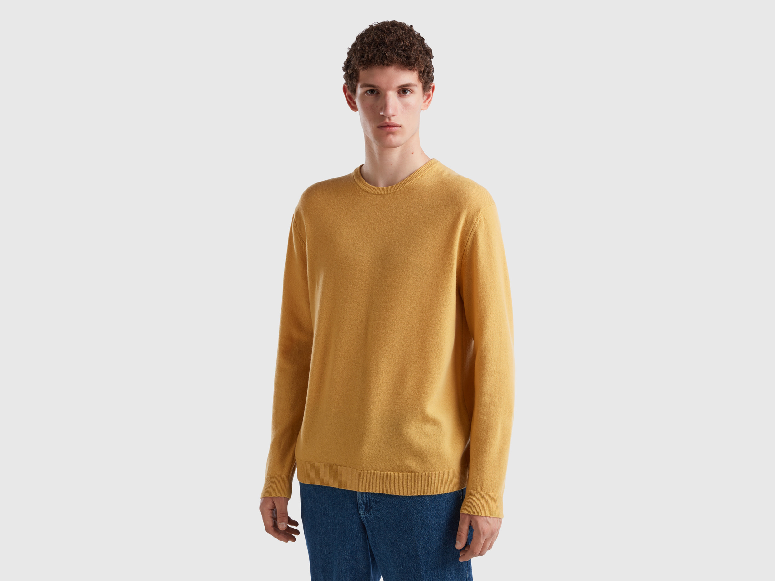 Benetton, Ocher Yellow Crew Neck Sweater In Pure Merino Wool, size XXL, Mustard, Men
