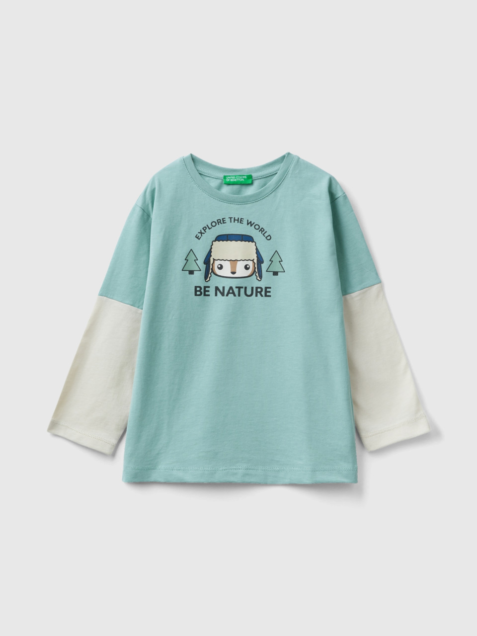 Benetton, T-shirt Chaud À Imprimé, Bleu Vert, Enfants