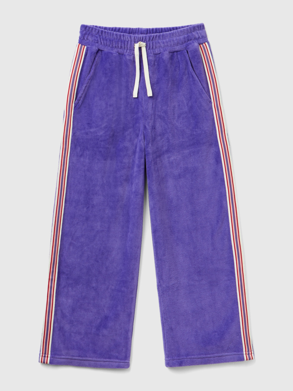 Benetton, Chenille Trousers With Striped Bands, Violet, Kids