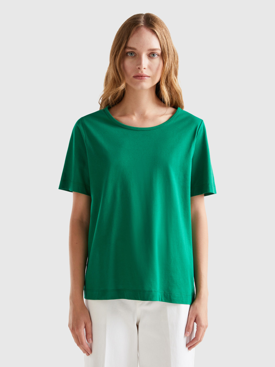 Benetton, T-shirt Vert Forêt À Manches Courtes, Vert, Femme