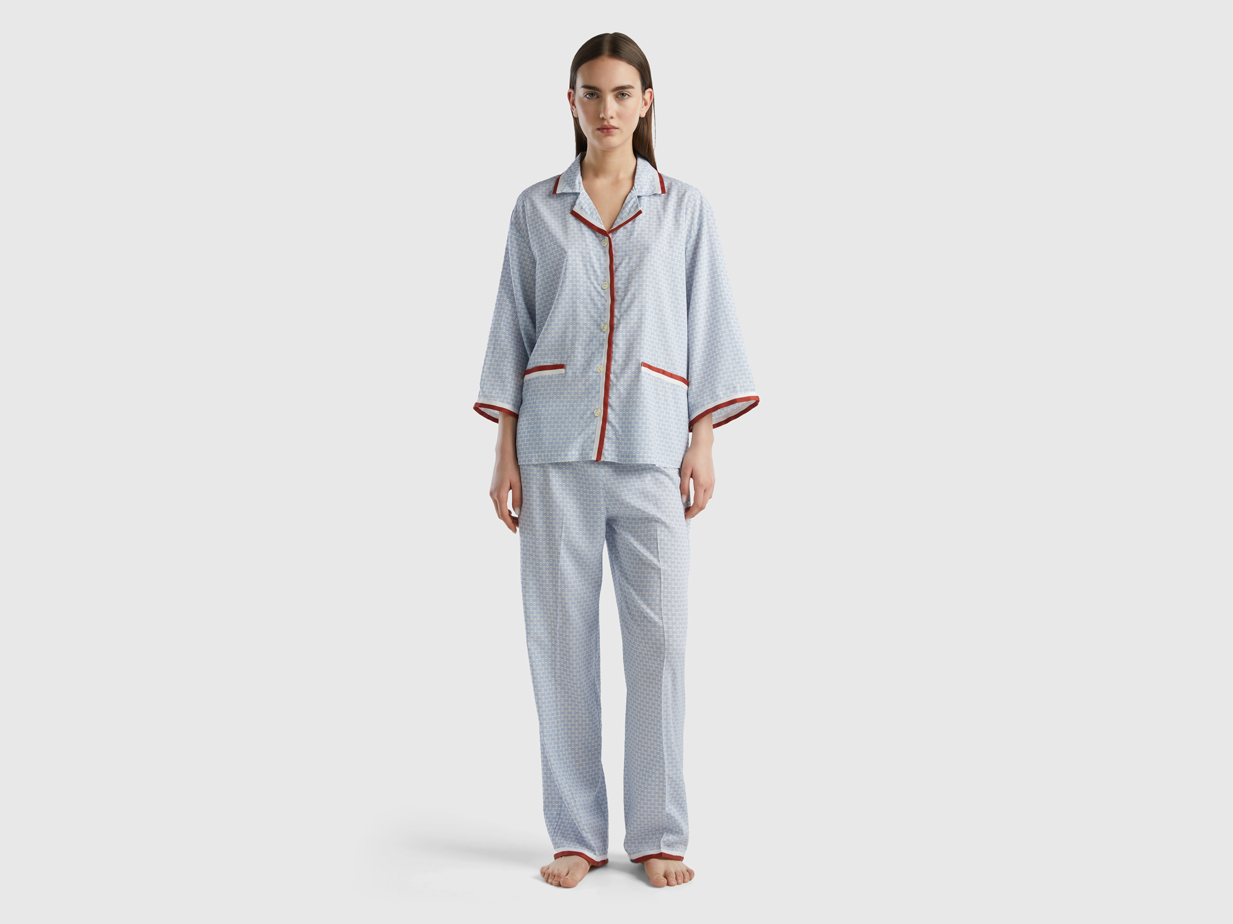 Benetton, Monogram Pyjamas In Sustainable Viscose, size L, Sky Blue, Women