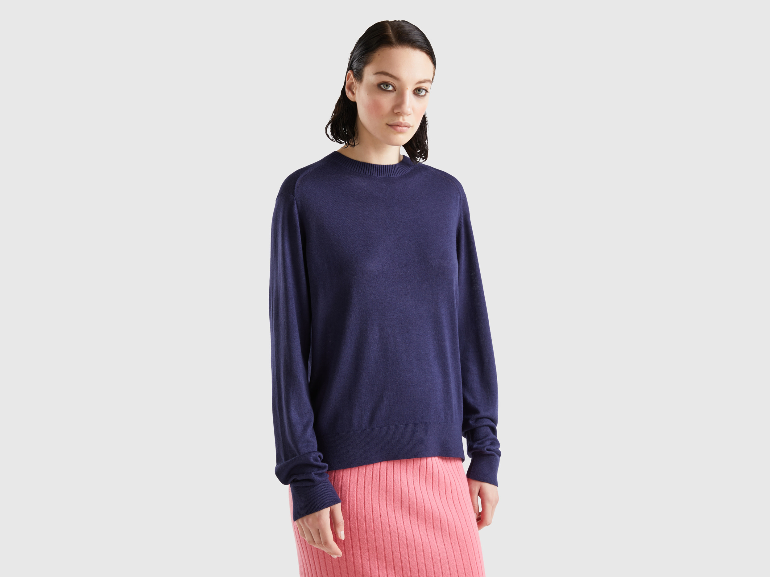 Benetton, Sweater In Viscose Blend With Slits, size XS, Dark Blue, Women
