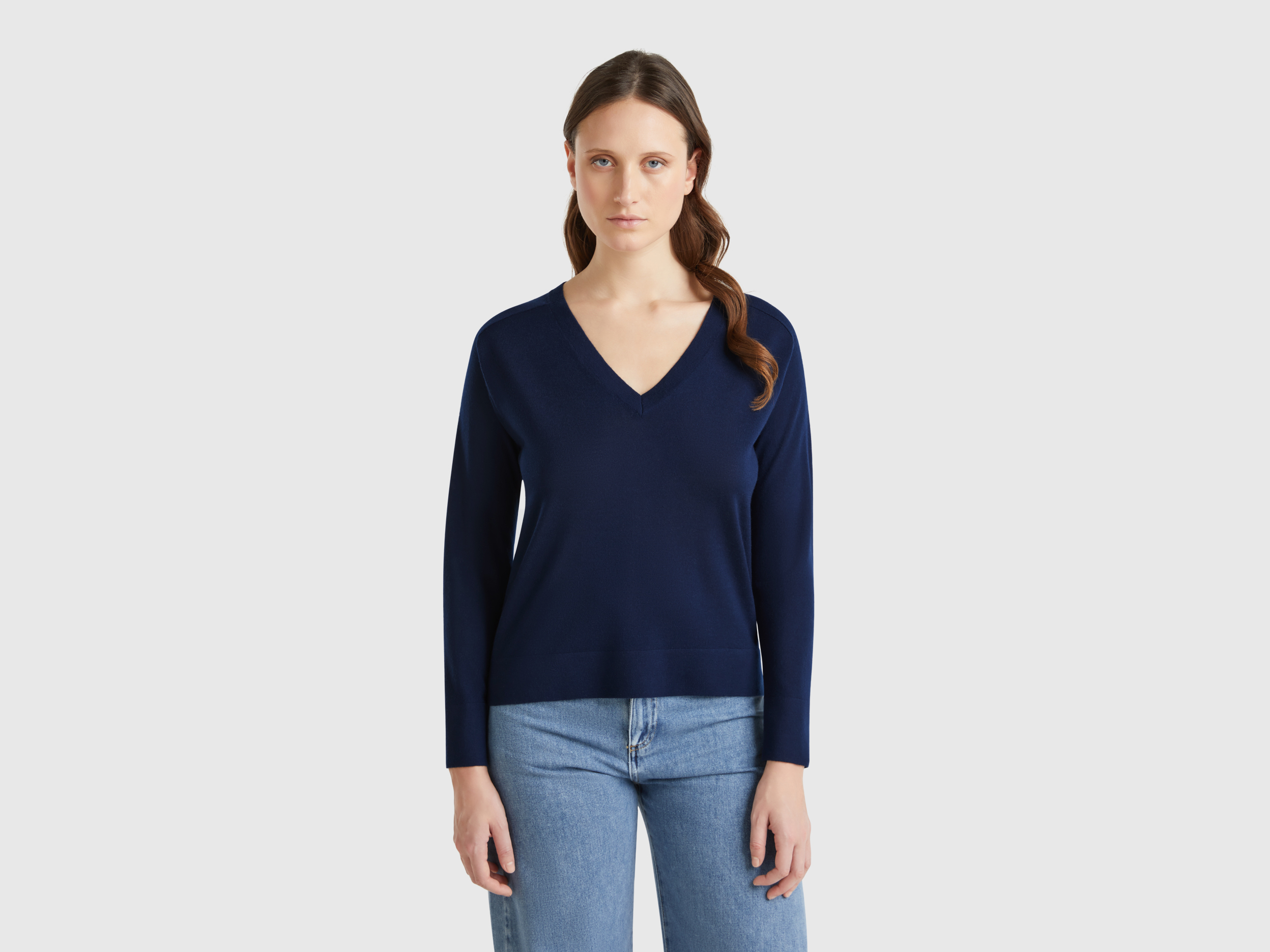 Benetton, Pull Col V En Pure Laine Mérinos, taille L, Bleu Foncé - United Colors of Benetton - Modalova