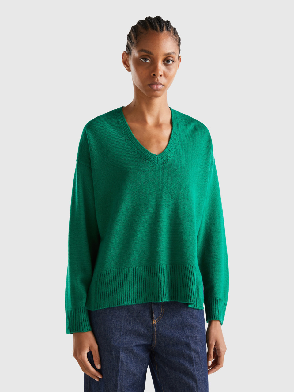 Benetton, Oversized Fit V-neck Sweater, Green, Women