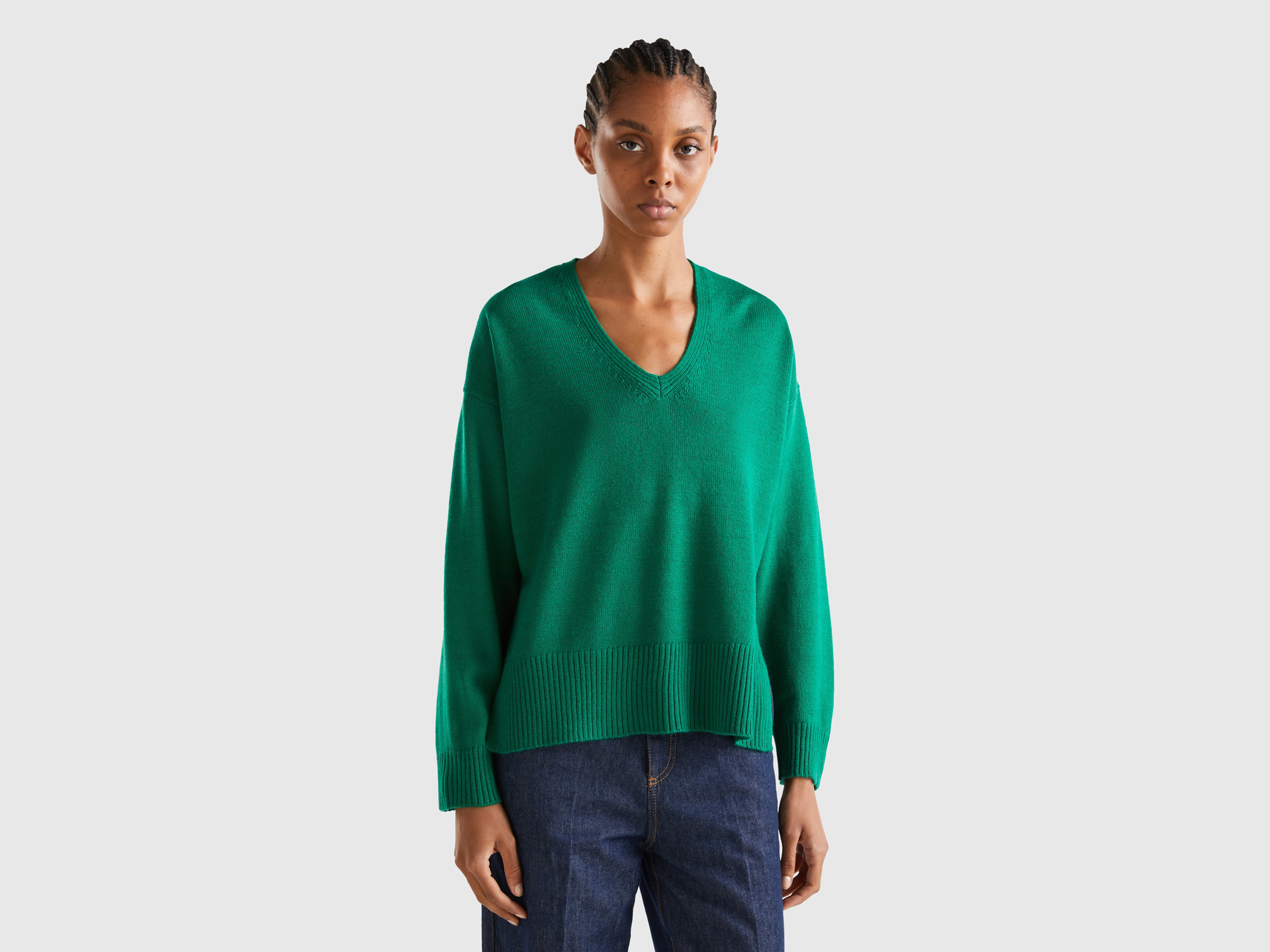 Benetton, Oversized Fit V-neck Sweater, size M-L, Green, Women