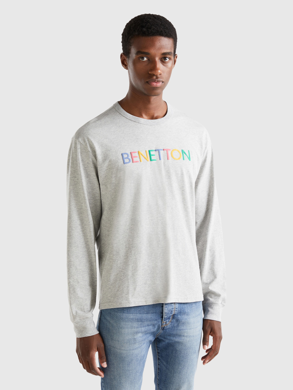Benetton, T-shirt À Manches Longues En Coton Bio, Gris, Homme