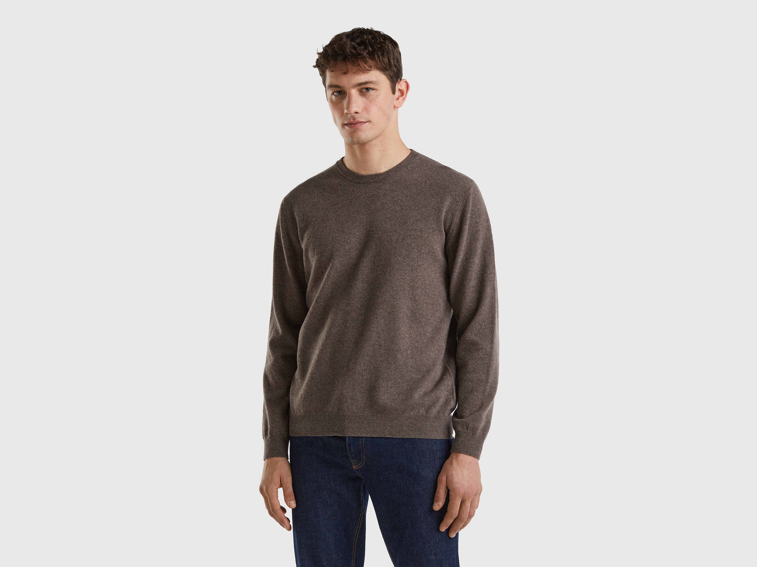 Benetton, Brown Crew Neck Sweater In Pure Merino Wool, size XL, Brown, Men