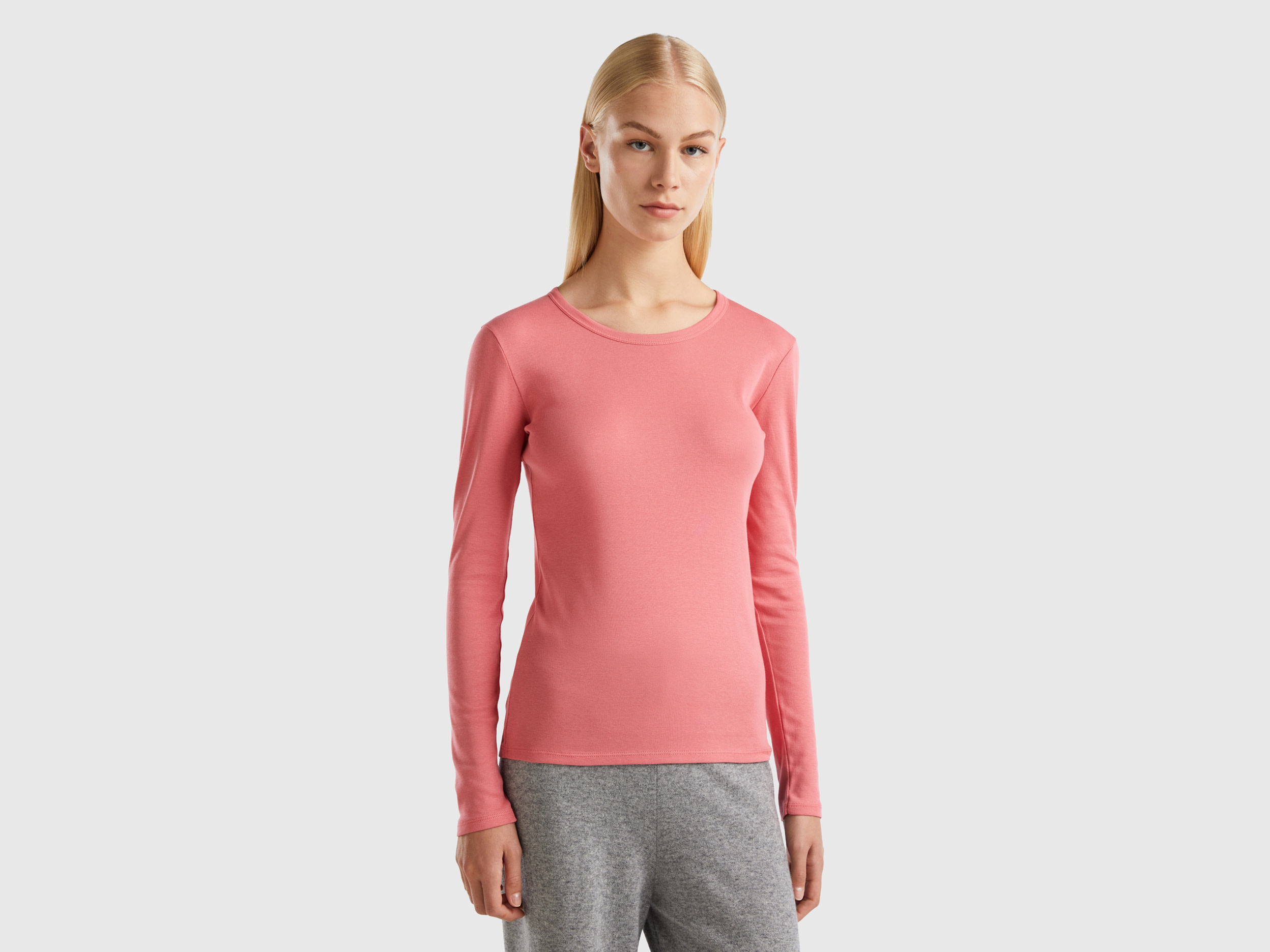 Benetton, Long Sleeve Pure Cotton T-shirt, size M, Salmon, Women