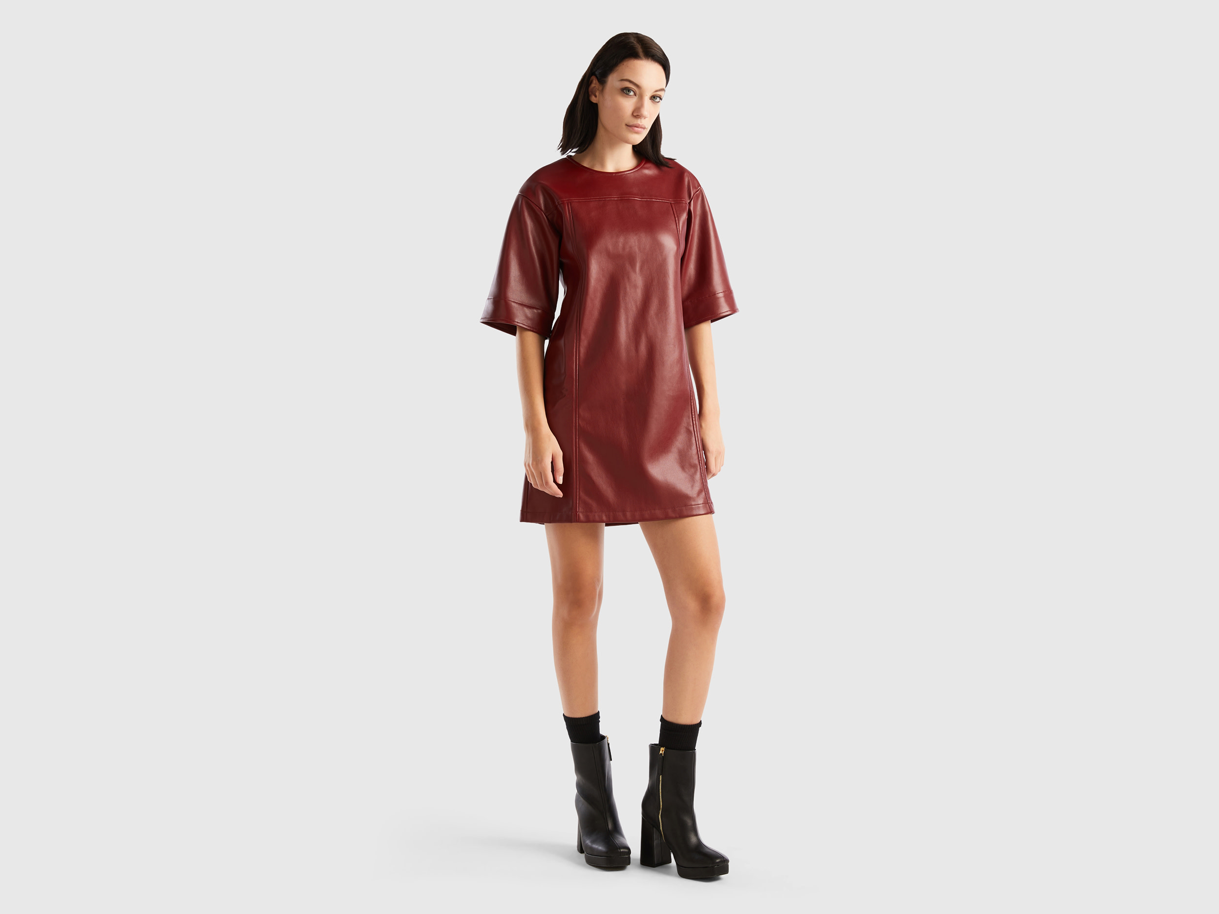 Benetton, Cropped Dress In Imitation Leather Fabric, size XS, Burgundy, Women