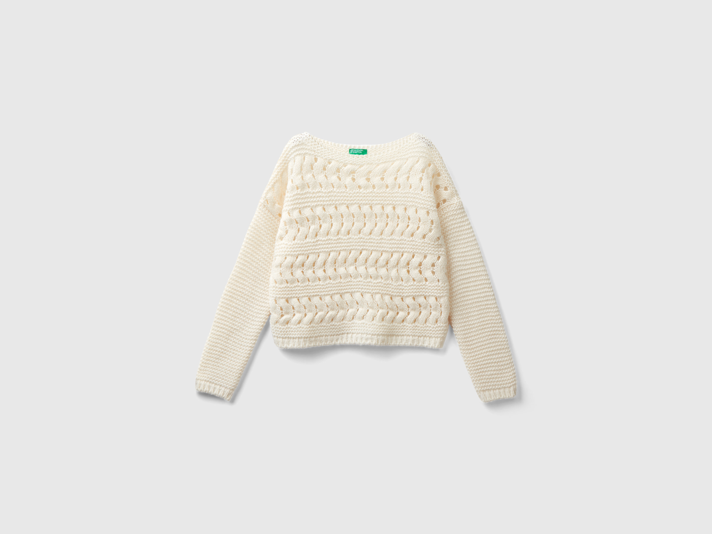 Benetton, Cable Knit Sweater In Wool Blend, size M, Creamy White, Kids