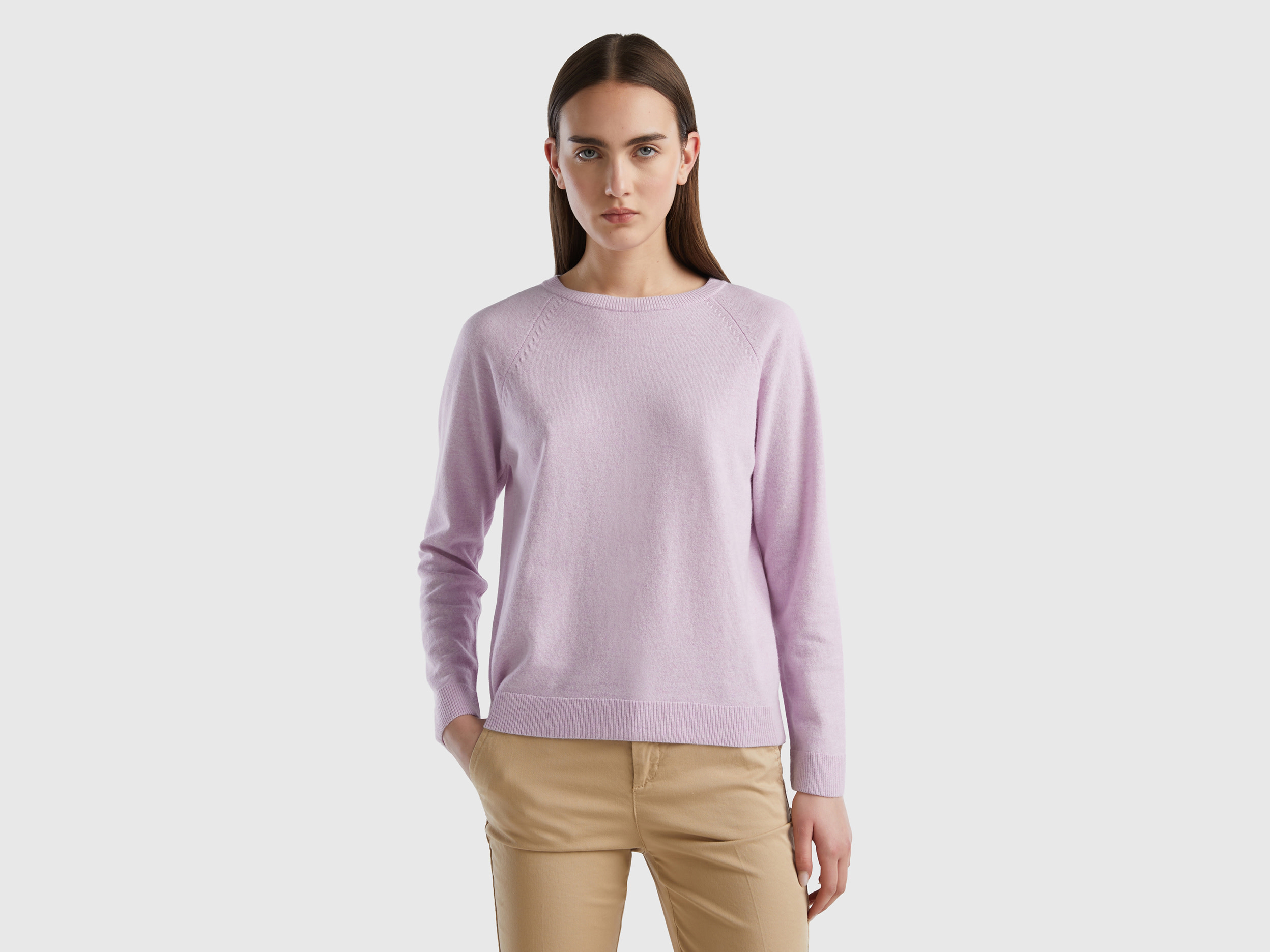 Benetton, Light Lilac Crew Neck Sweater In Cashmere And Wool Blend, size M, Lilac, Women