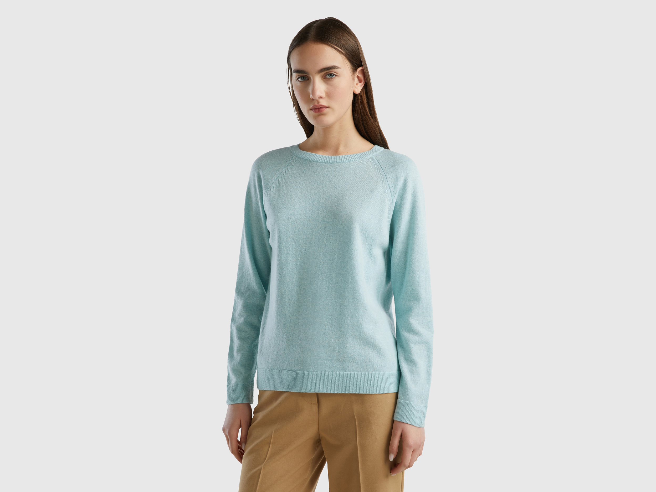 Benetton, Light Gray Crew Neck Sweater In Cashmere And Wool Blend, size S, Light Gray, Women