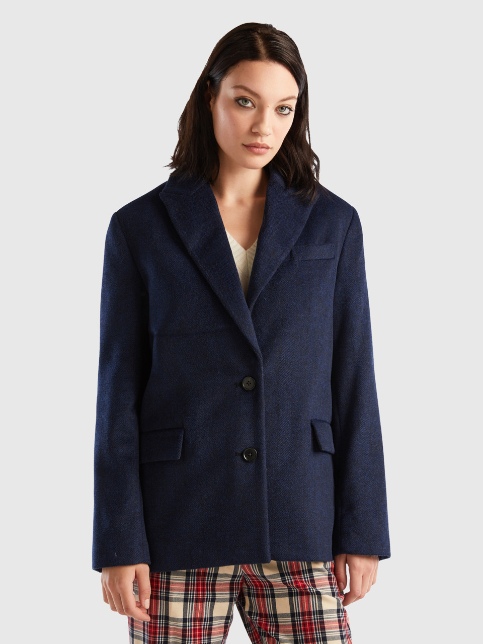 Benetton, Jacket In Wool Blend With Pockets, Dark Blue, Women