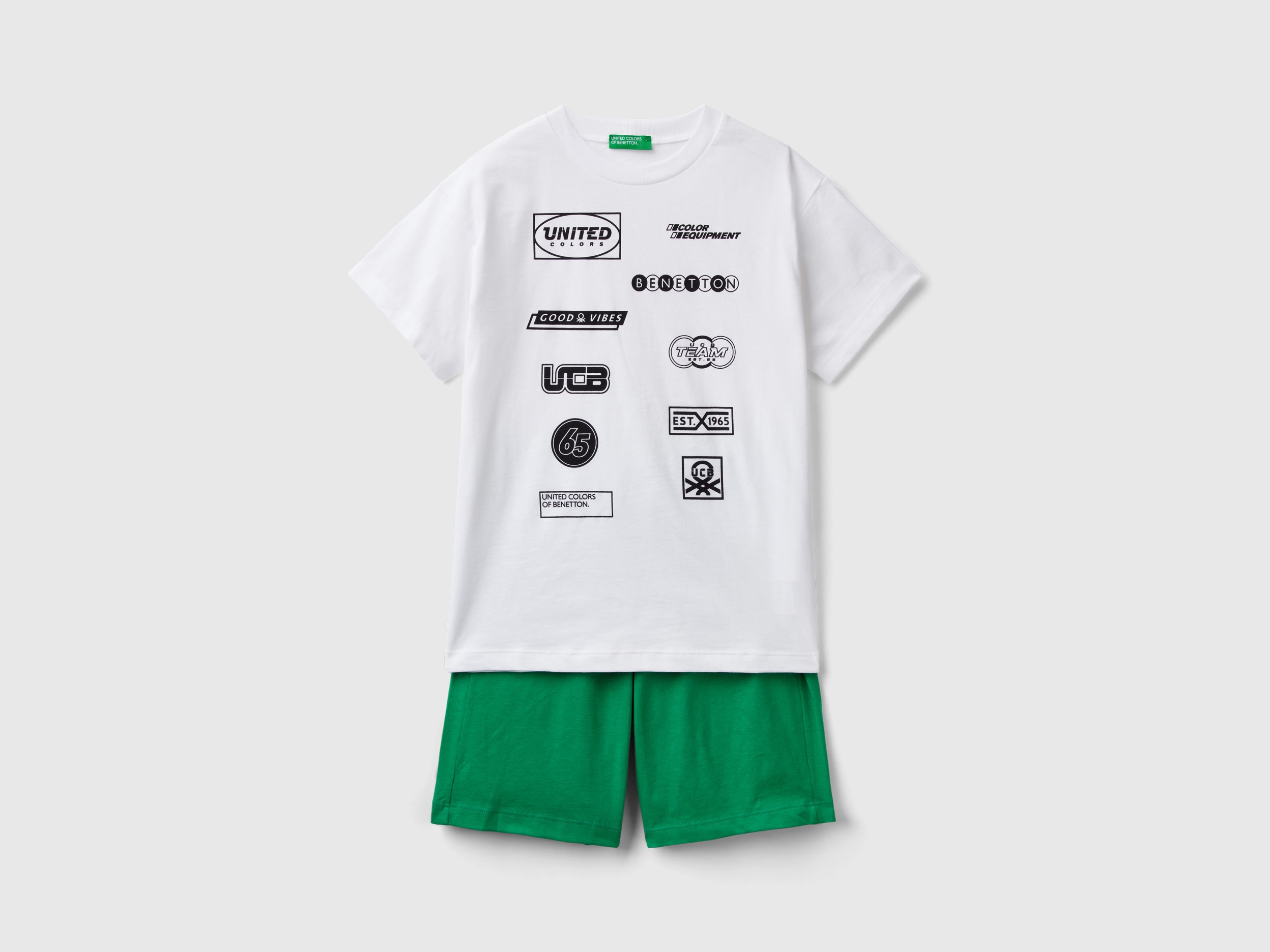 Benetton, Completo T-shirt E Bermuda, Bianco, Bambini