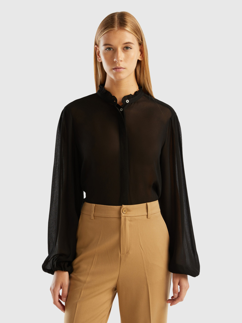 Benetton, Flowy Shirt With Rouches, Black, Women