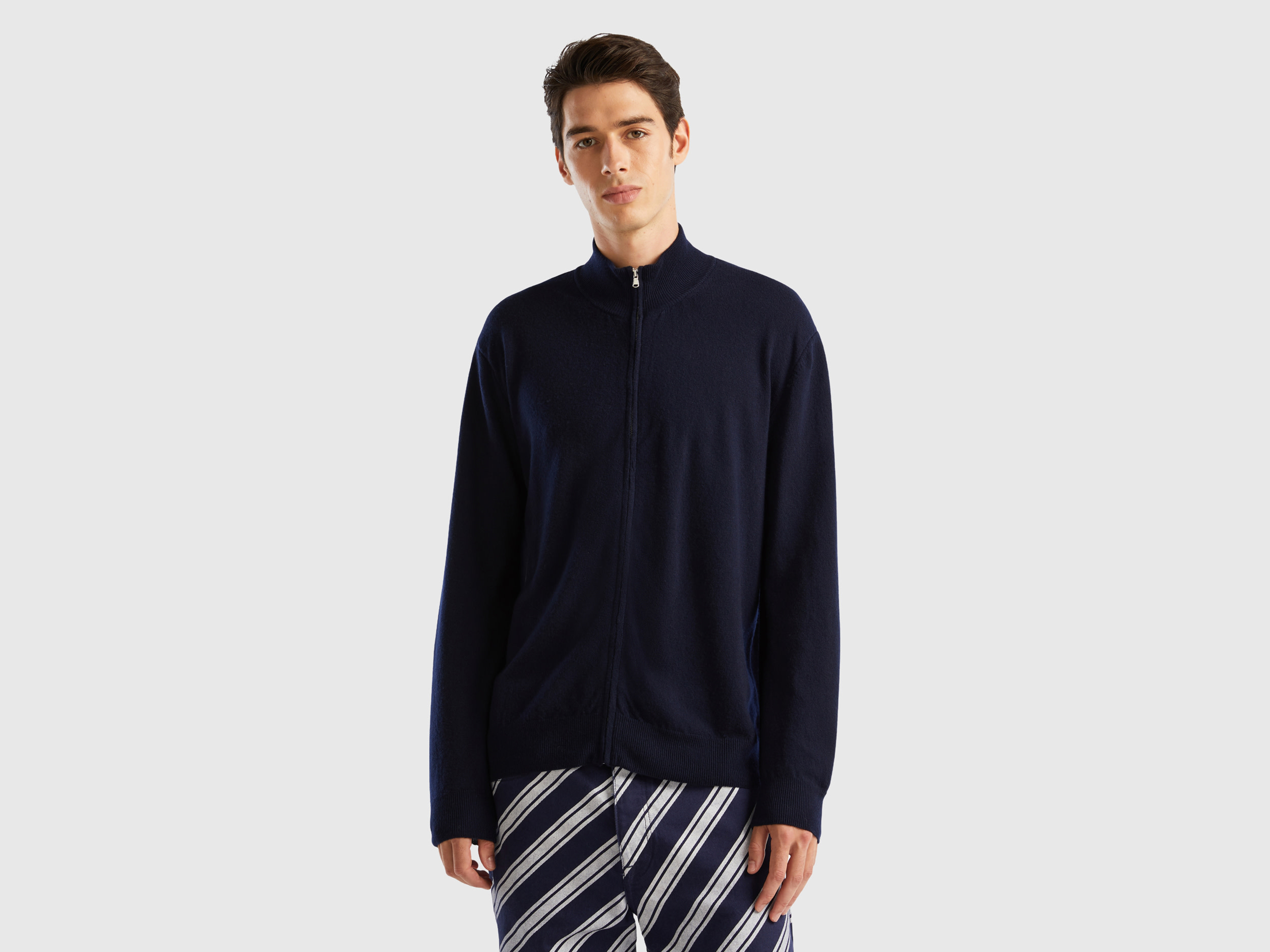 Benetton, Zip-up Cardigan In Pure Merino Wool, size XXL, Dark Blue, Men