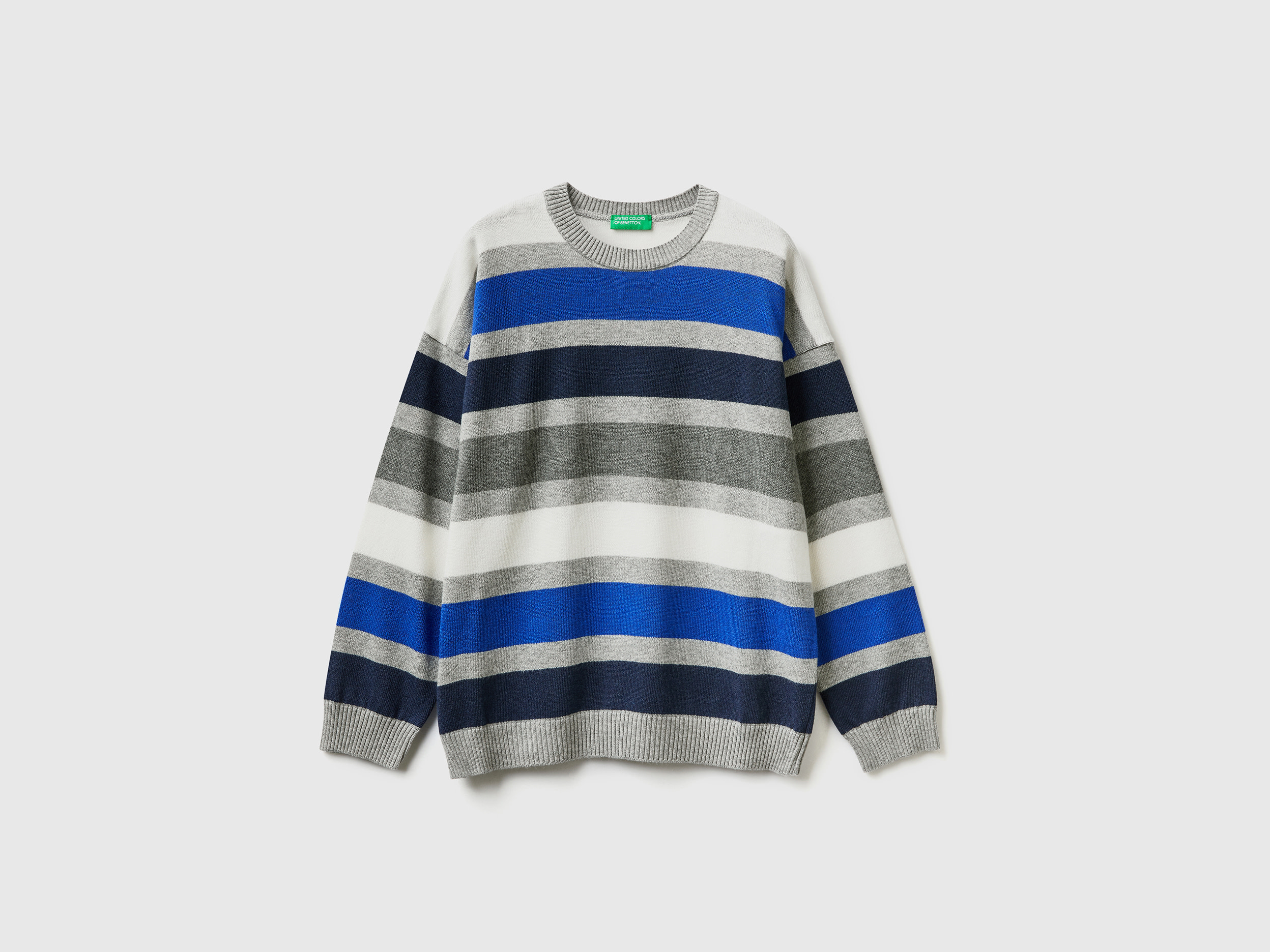 Benetton, Striped Sweater In Wool And Cotton Blend, size XL, Light Gray, Kids