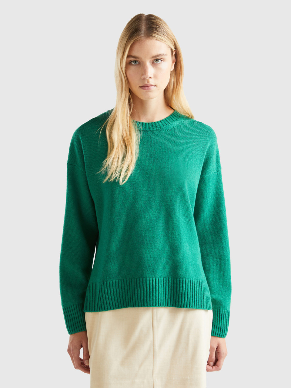 Benetton, Boxy-fit-pullover Aus Wollmischung, Grün, female