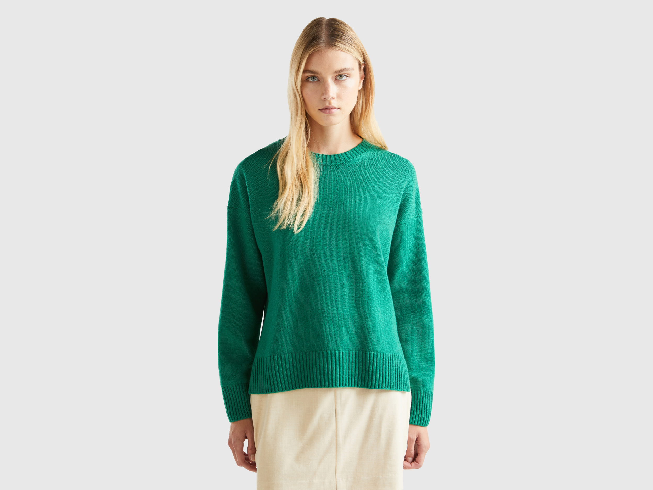 Benetton, Boxy Fit Sweater In Wool Blend, size L-XL, Green, Women
