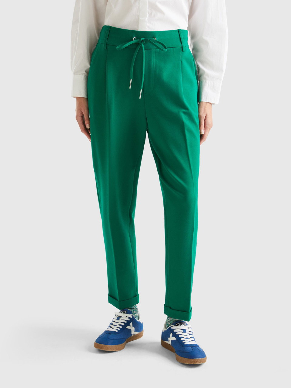 Benetton, Einfarbige Hose Mit Tunnelzug, Grün, female