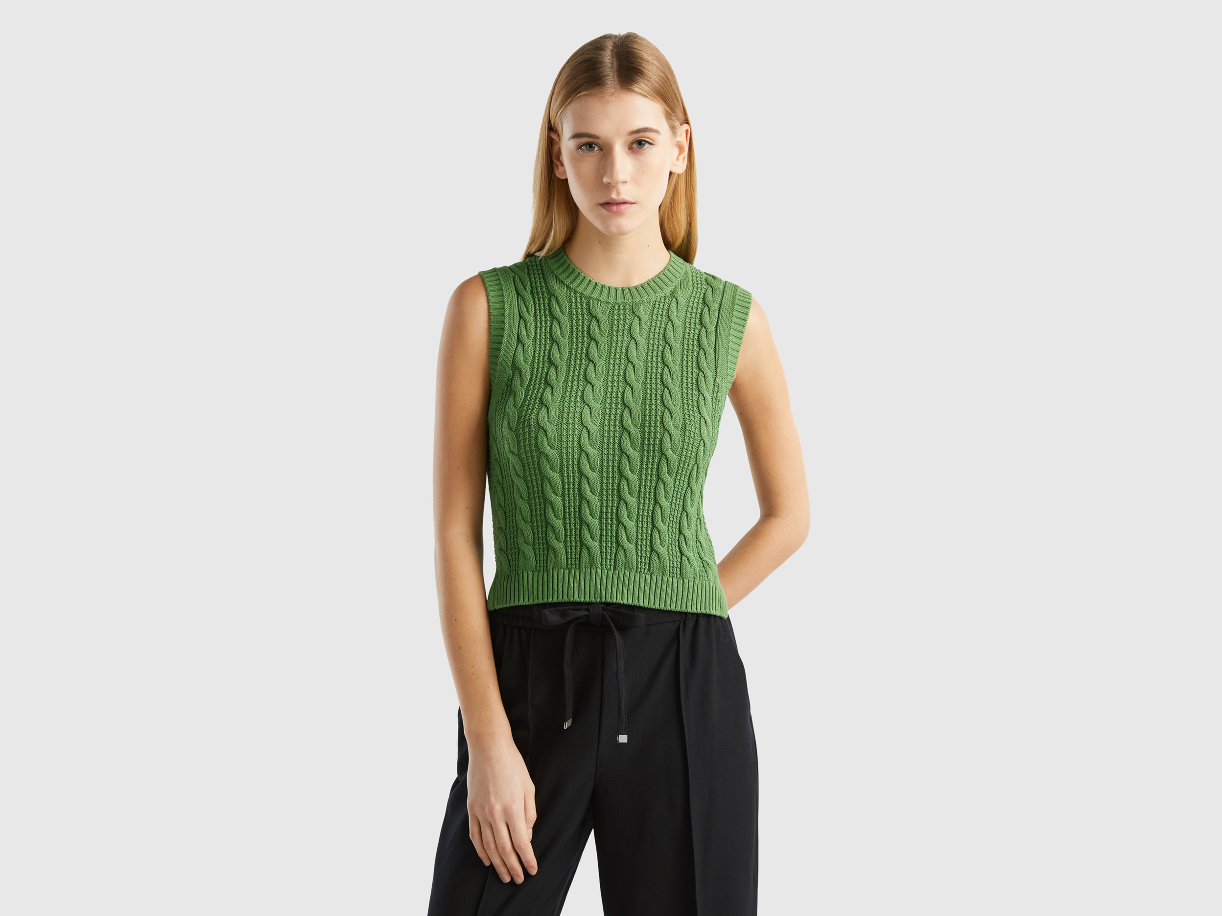 Benetton, Cropped Cable Knit Vest, size L, Military Green, Women