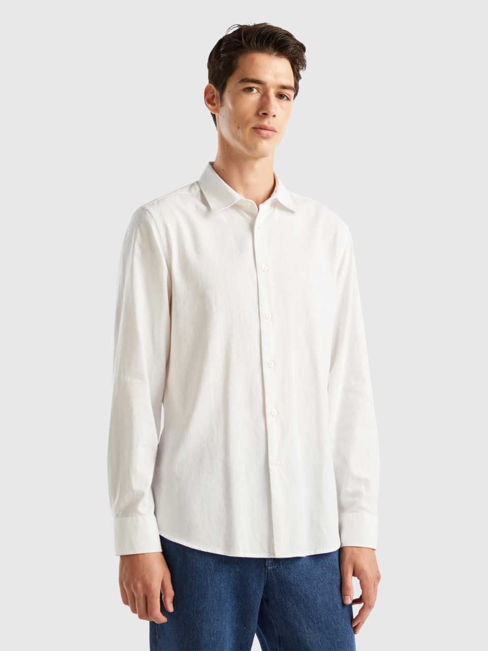 Benetton, Camisa Slim Fit Em Flanela, Branco, Homem