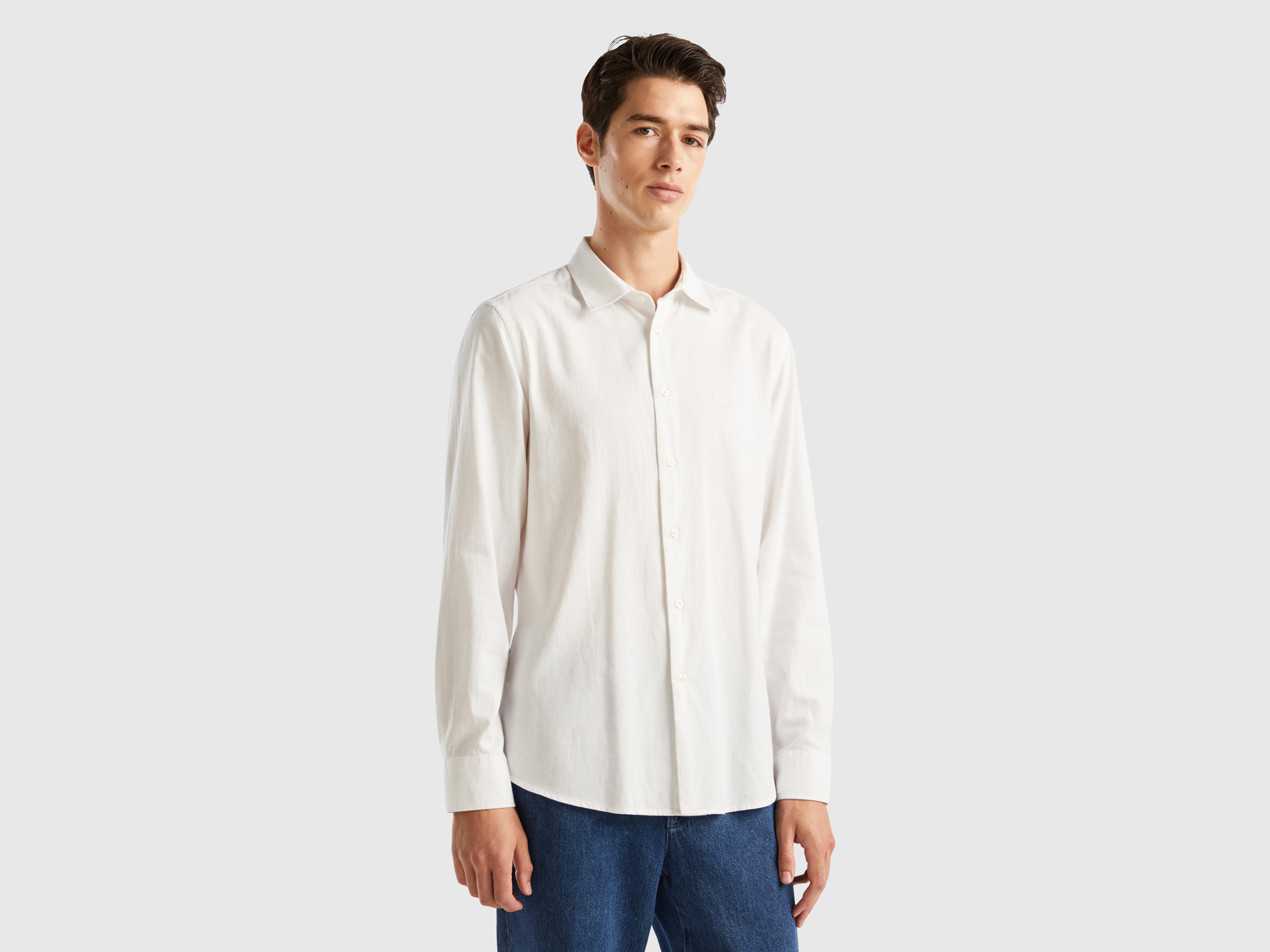Benetton, Slim Fit Flannel Shirt, size L, White, Men