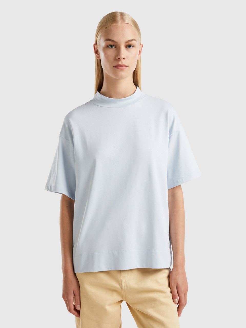 Benetton, T-shirt Col Droit, Bleu Ciel, Femme