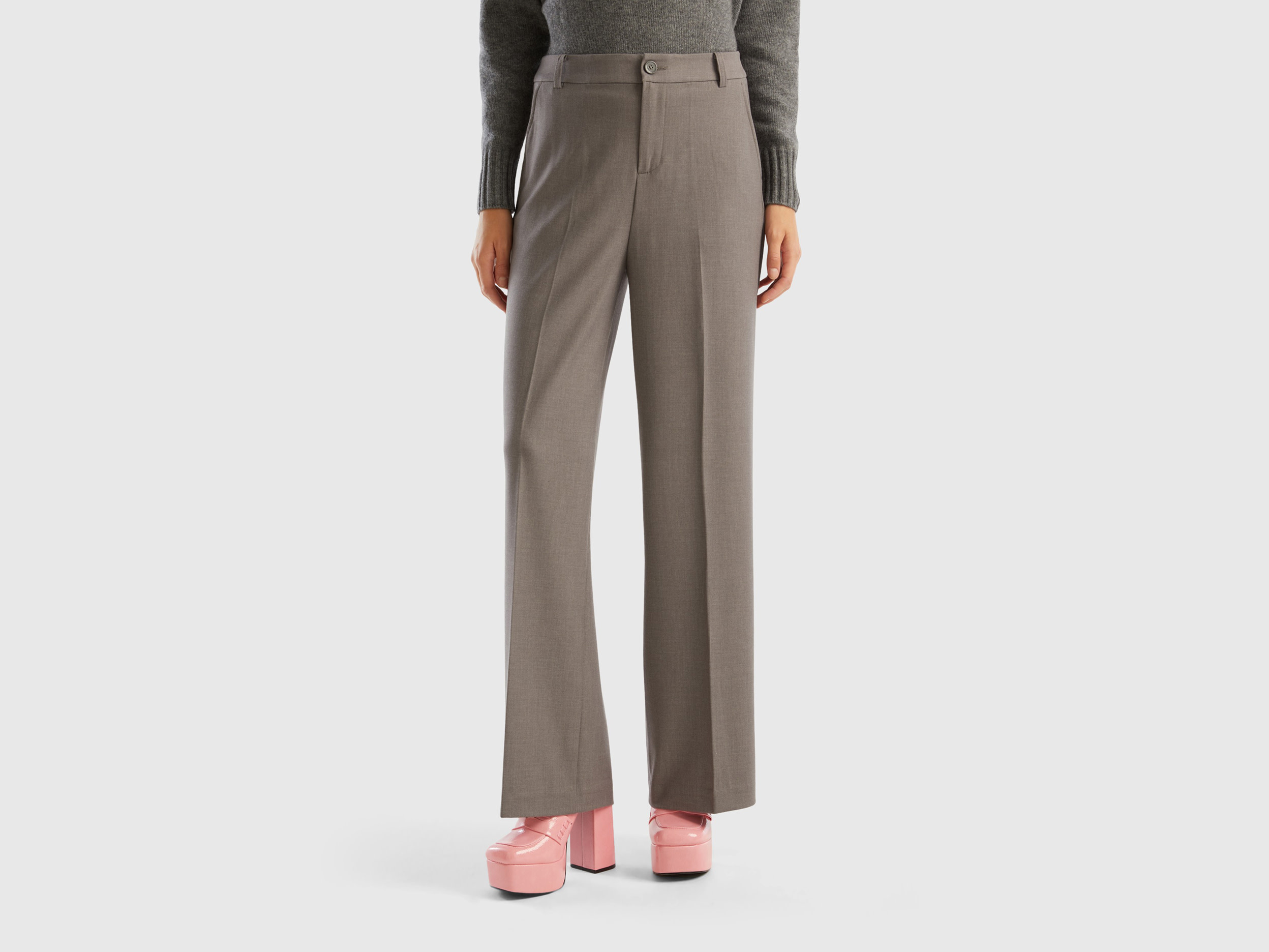 Benetton, Wide Flannel Trousers, size 12, Gray, Women