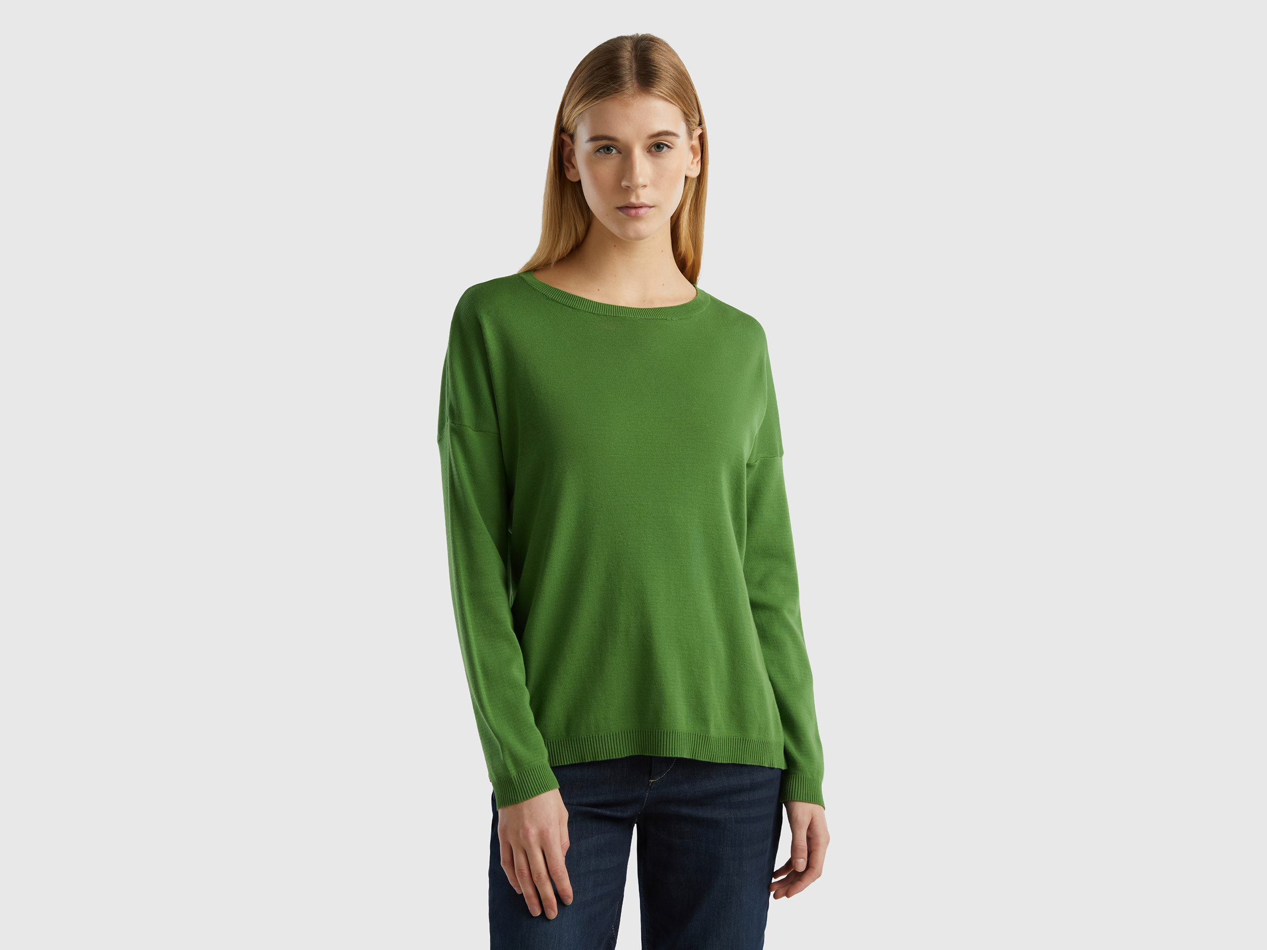 Benetton, Cotton Sweater With Round Neck, size S, Military Green, Women