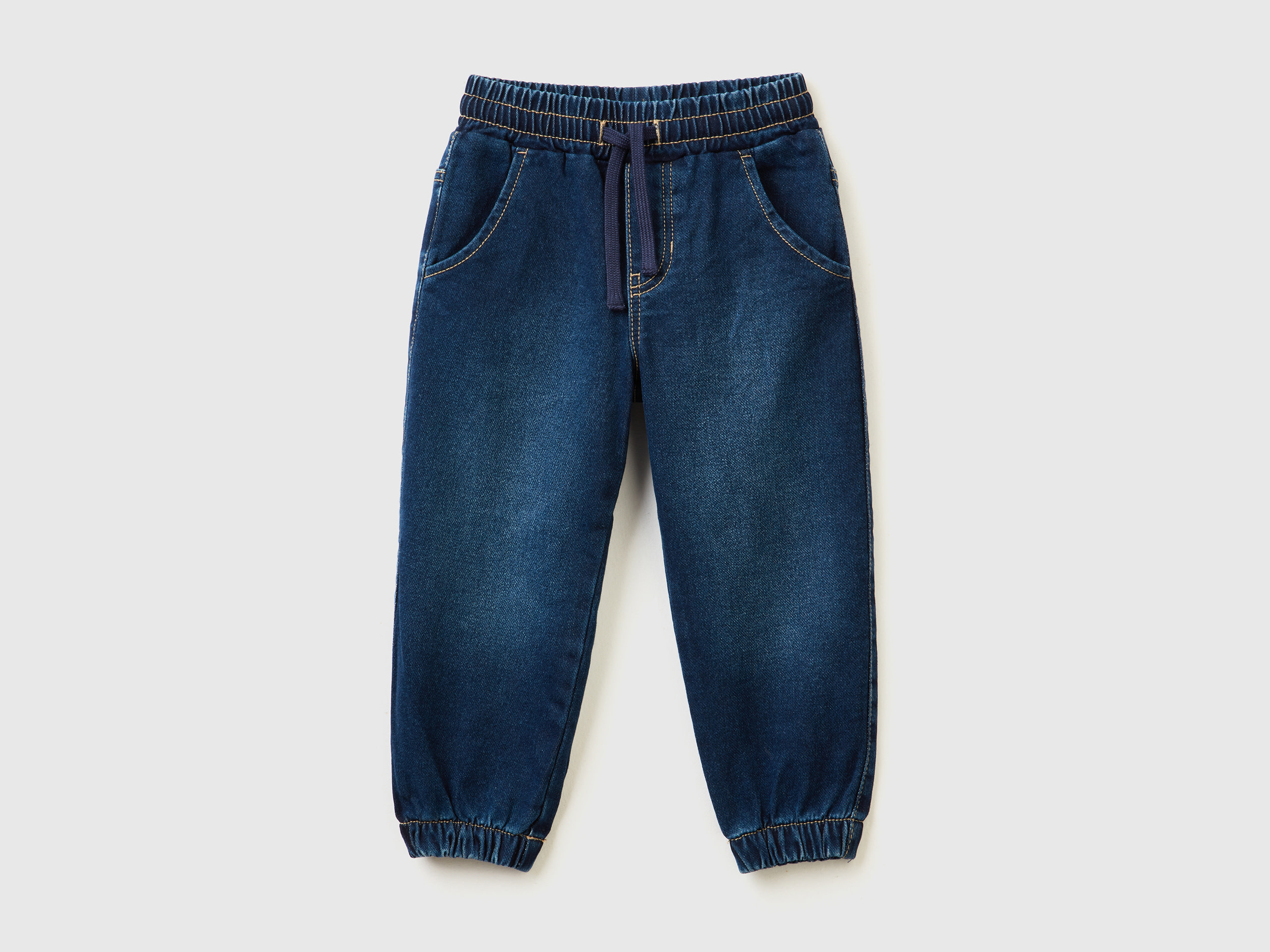 Benetton, Joggers In Felpa Effetto Denim, Blu Scuro, Bambini